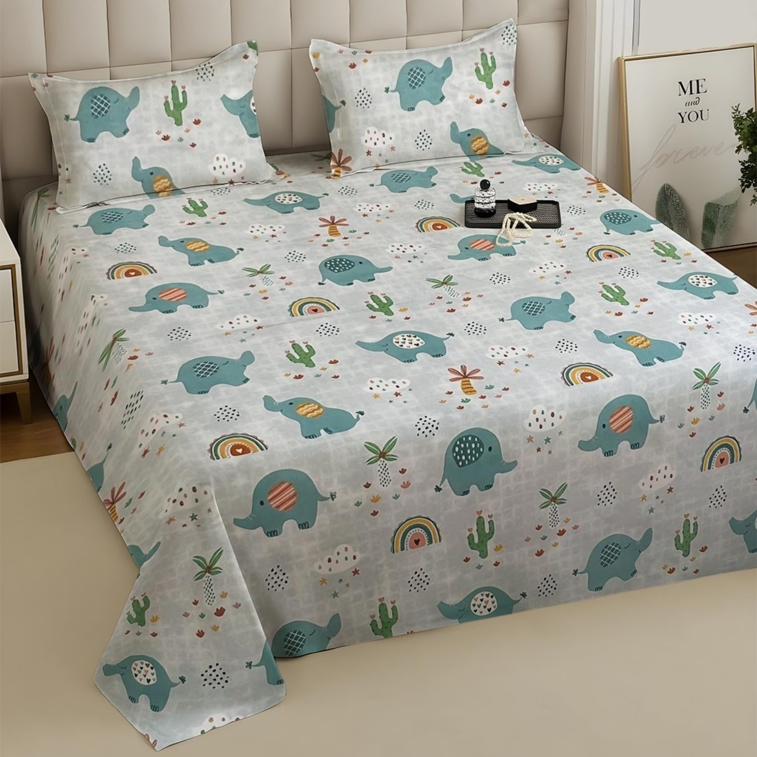 Super Soft Super Comfortable Pure Cotton Feel Dino Garden 300 TC 90x90 inches Kids Double Bed Size Flat Bedsheet with Two Pillow Covers-picture-25