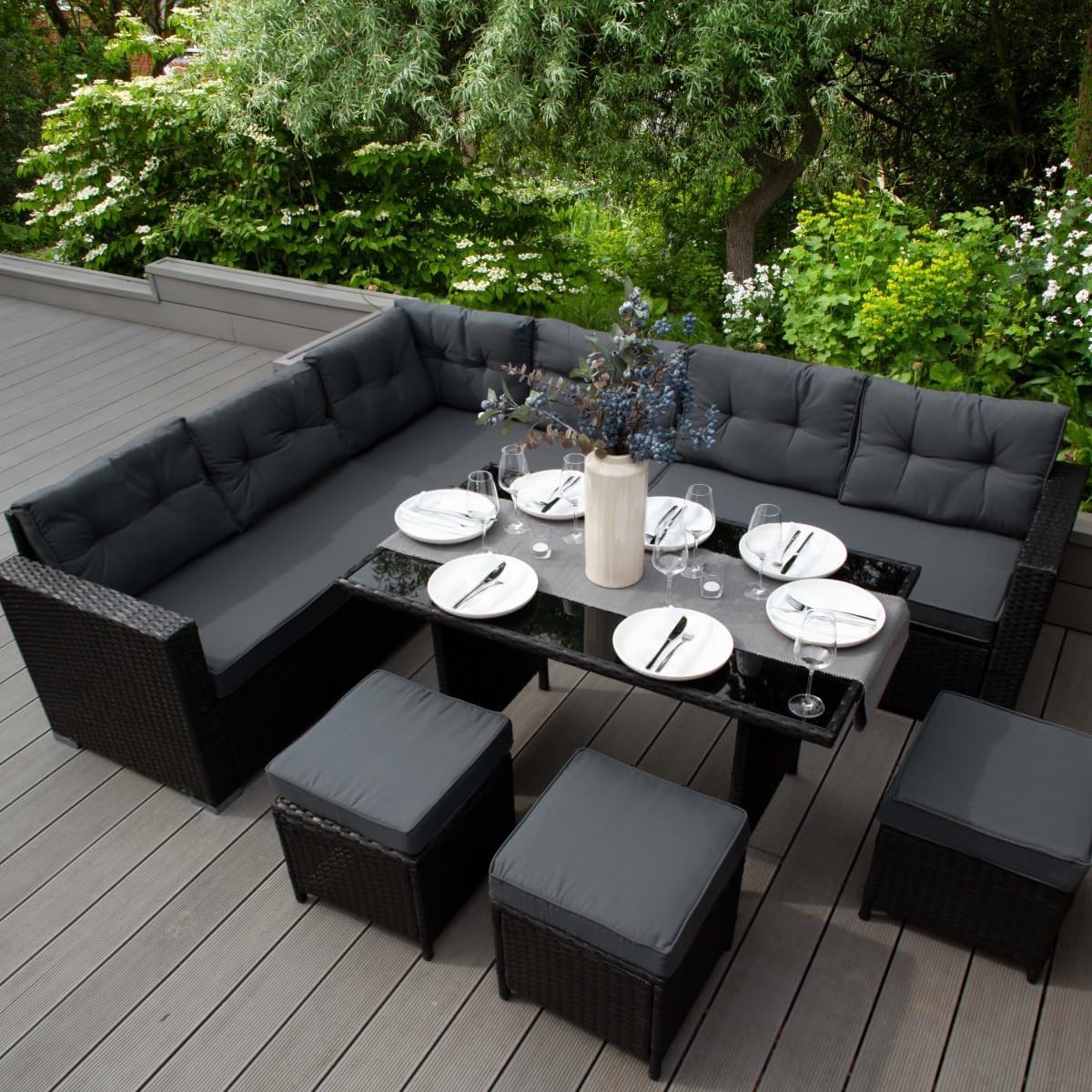 Set pranzo ad angolo in rattan e box da giardino Nero 9 posti a sedere Divano Sgabelli Tavolo in vetro Ampia Cassapanca 582L Telaio in acciaio Resistente ai raggi UV Borsa da trasporto impermeabile