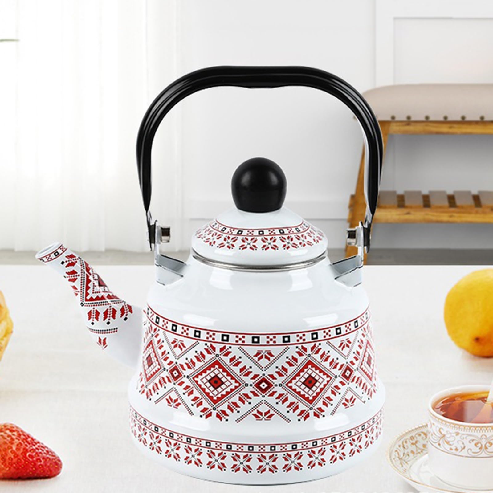 Household Water Tea Pot Coffee Kettle, Cookware Picnic Teapot, Enamel Tea Kettle for Camping(Red,1.7L)