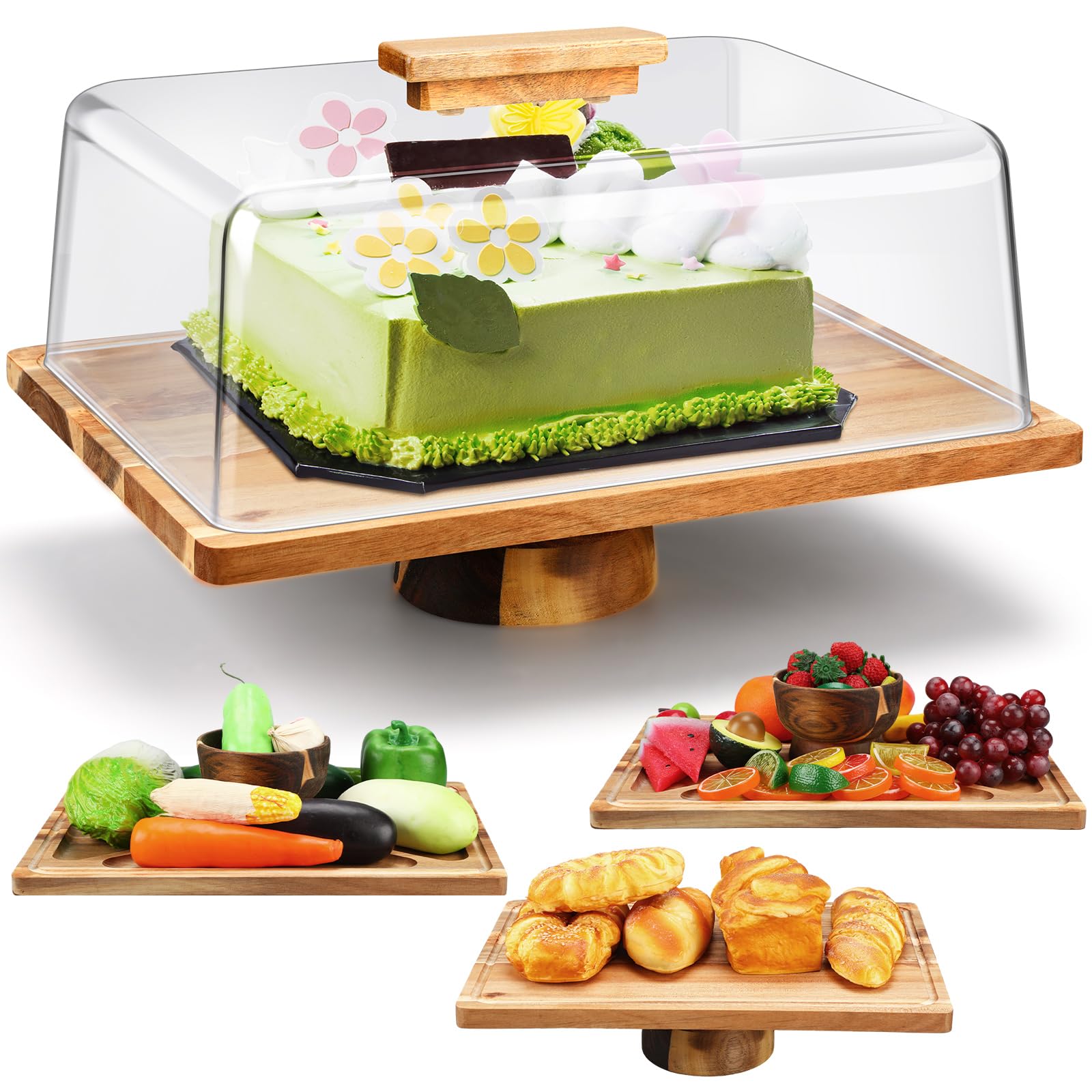 Menkxi Rectangular Cake Stand with Acrylic Lid 15.4 x 11.4 inches