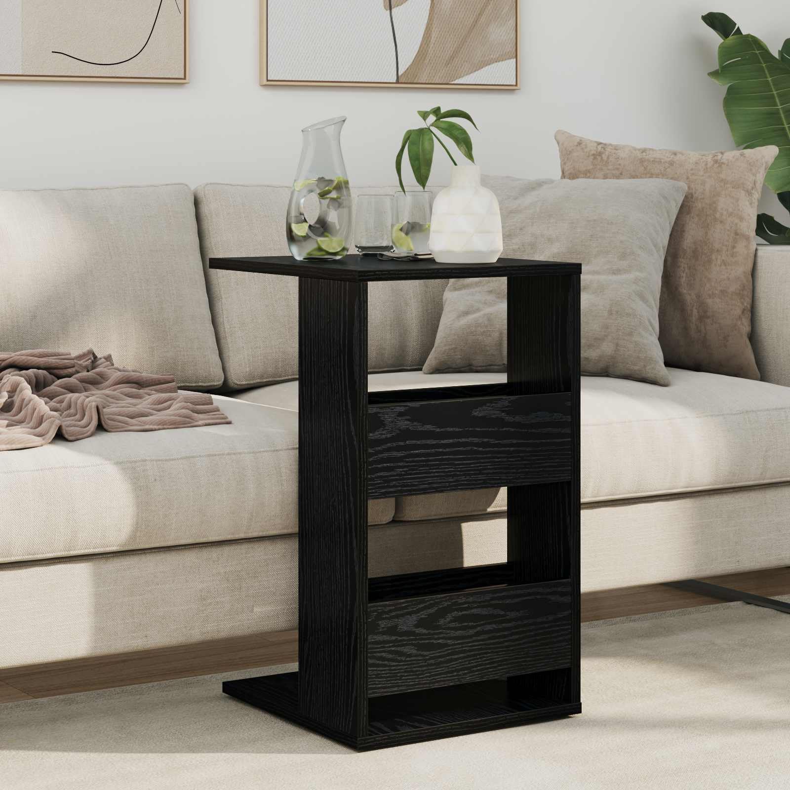 Beistelltisch Schwarz Eichen-Optik aus Holzwerkstoff 40 x 35 x 60,5 cm, kompakter Couchtisch mit Ablagefach für Wohnzimmer, Schlafzimmer, Büro, platzsparend und modernes Design