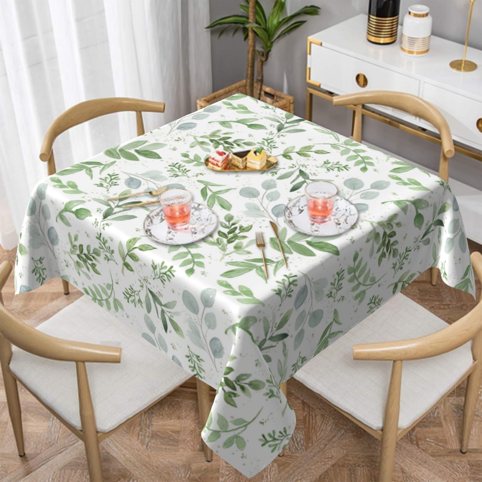 FJQWKLF Spring Tablecloth 54×54 Inch Square Green Leaf Table Cloth Water-Resistant Spill-Proof Washable Fabric Tablecover for Kitchen Dining Party Picnic Indoor Outdoor