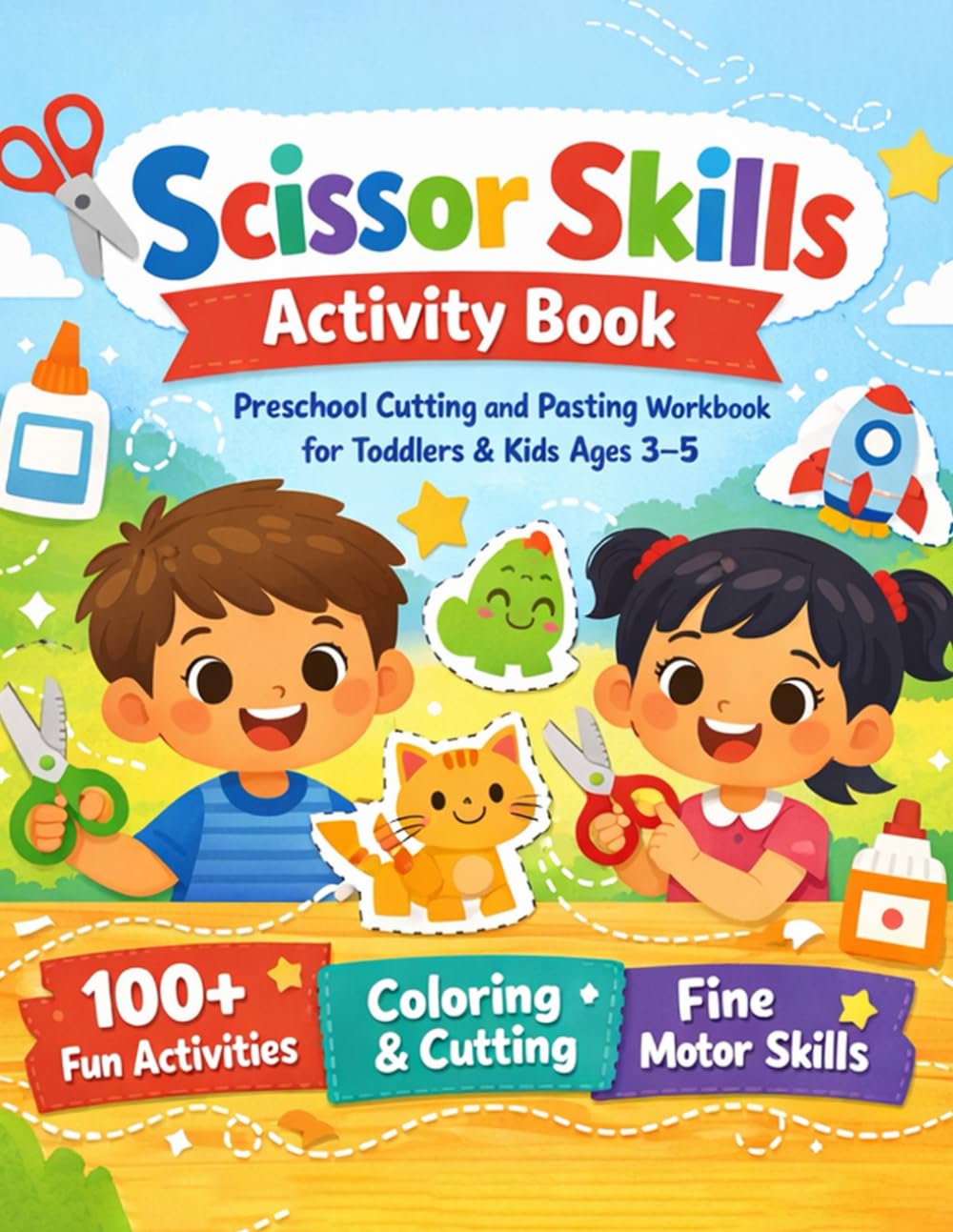 Scissor Skills Activity Book for Toddlers: Preschool Cutting and Pasting Workbook, 50+ Fun Animals and Shapes Illustrations for Kids Ages 3-5 (Fine Motor Skills Development)