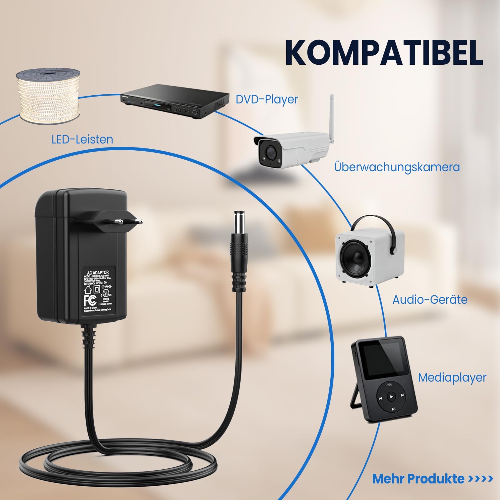 Adapter zasilacza 12 V 1 A do taśm LED, kamer telewizyjnych, monitorów, routerów, TV Box – wtyczka 5,5 mm x 2,1 mm, wysoka wydajność energetyczna, kompatybilny z różnymi urządzeniami