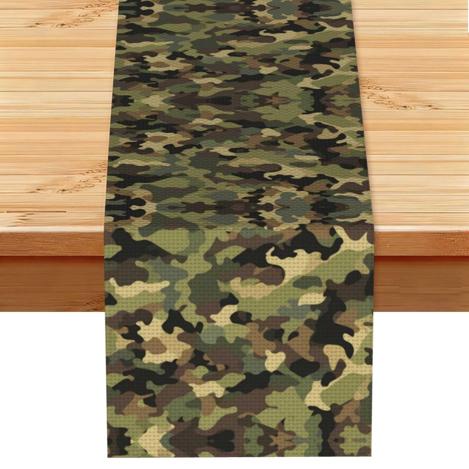 Earthy Green Brown Camo Printed Table Runner 13 x 72, Wrinkle Resistant Decor for Dining Table Coffee Table Fireplace