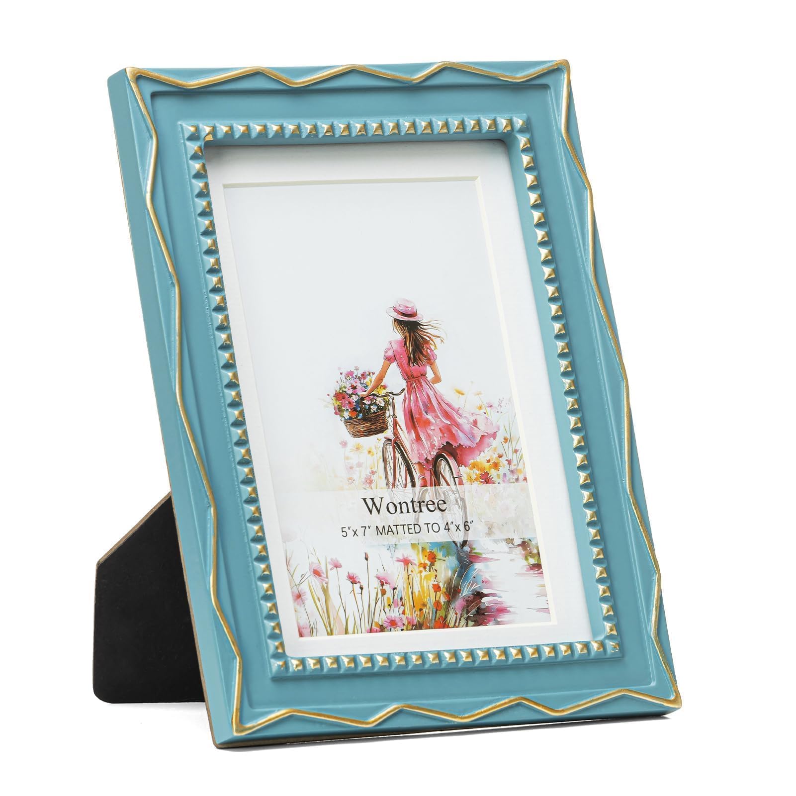 5x7 Picture Frame, Gold Beads &amp; Swirls Against Muted Blue, Resin Frame with Real Glass, Display 5x7 Photos Matted to 4x6, Vertical and Horizontal Desk Tabletop or Wall Hanging