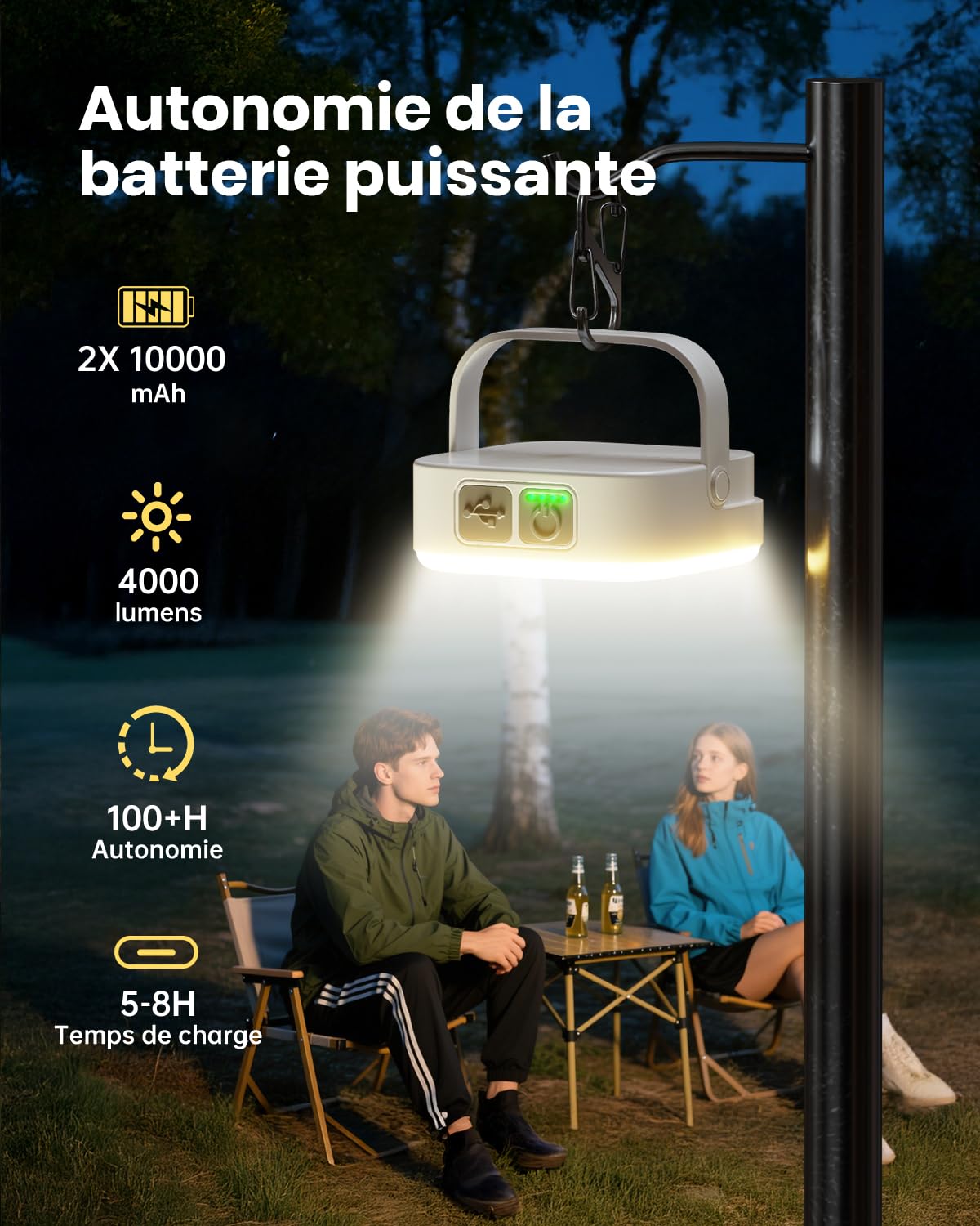 Eventek 2 Pièces Lampe Camping 4000LM,10000mAh Lampe Camping Rechargeable Jusqu'à 100+ Heures & 4 Modes D'éclairage, Portable Lanterne Camping Etanche IP65 Pour Tente, Urgence Panne, Travaux