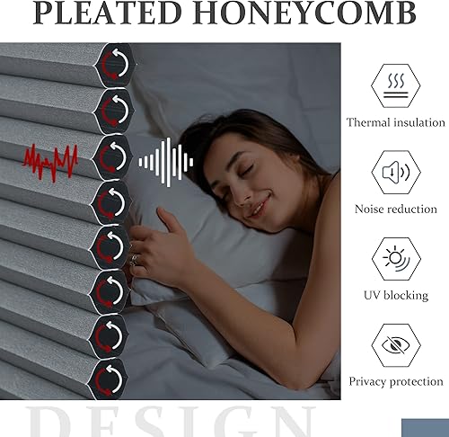 Miniatura 5 de Bliwans Persianas celulares opacas, persianas sin cordones de panal de poliéster para ventanas, oscurecimiento de habitación, persianas plisadas