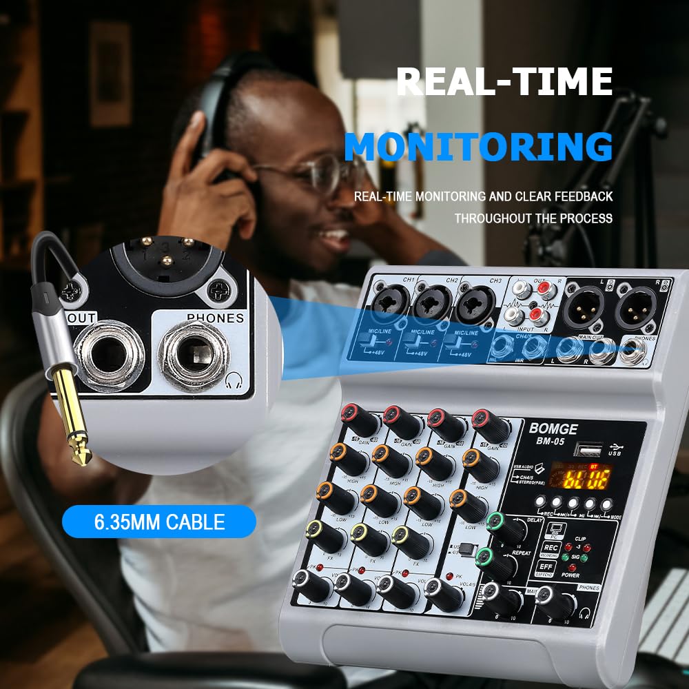 BOMGE Audio Mixer, Sound Board Mixing Console with 5 Channel Digital USB Bluetooth Echo Delay Effect, 48V Phantom Power Stereo DJ Mixers for Recording, Live Streaming, Podcasting (BM-05 5 canales)