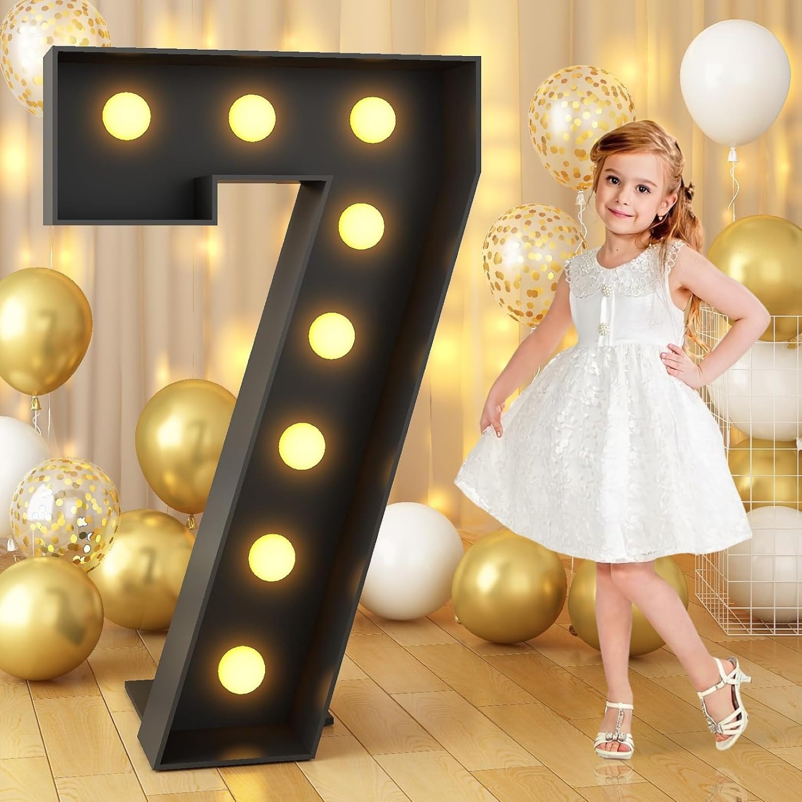 120cm-4ft Number 7 Decor Light Up Number for Birthday, Black Marquee Light Up Mosaic Pre-cut Foam Board Set for Balloons, Warm White Numbers Lamp Sign for Party