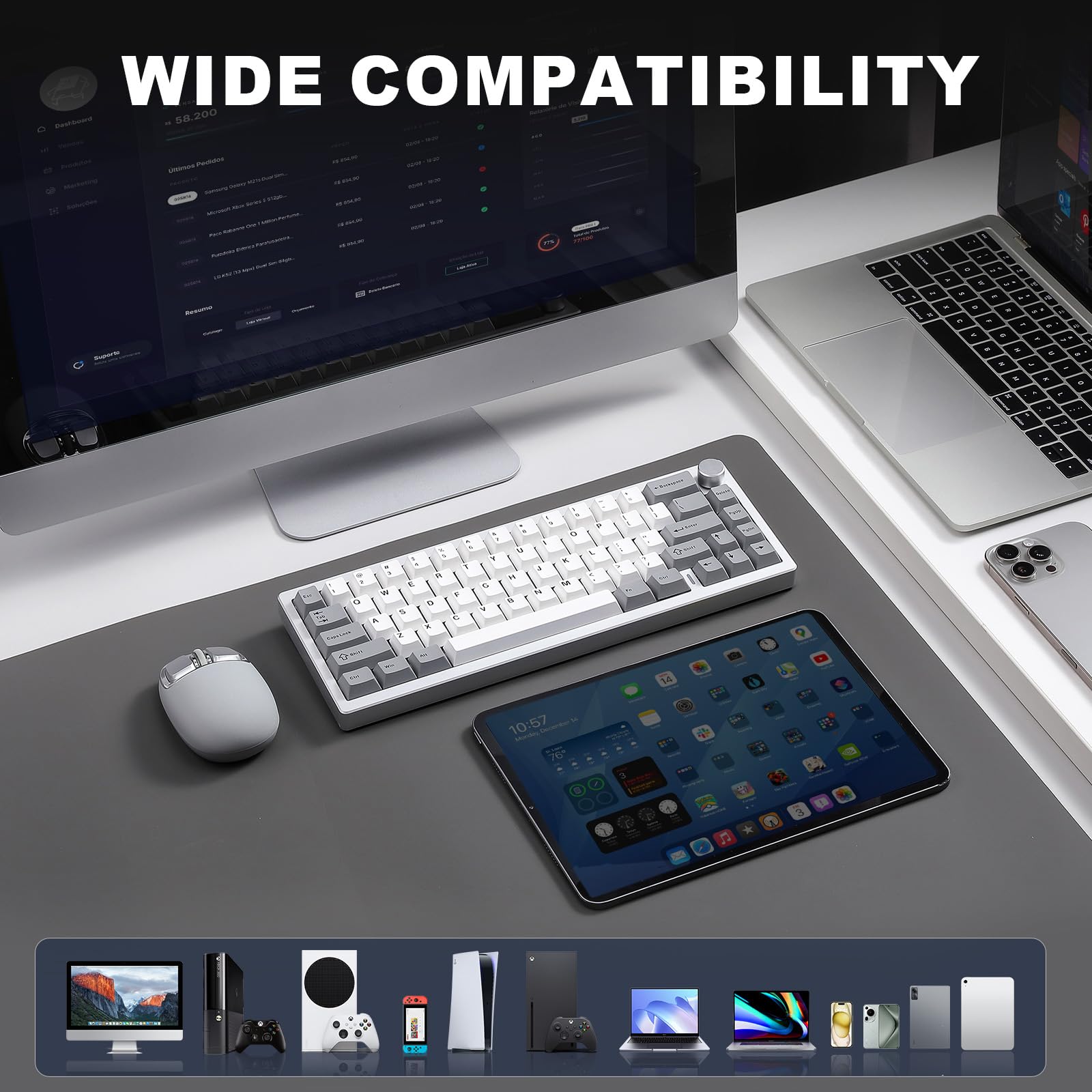 YUNZII AL68 Teclado mecánico inalámbrico 60%, QMK/Via Aluminum Tastatur con Knob, Gasket Structure, RGB Backlit(Silver, Cocoa Cream v2 Switch)