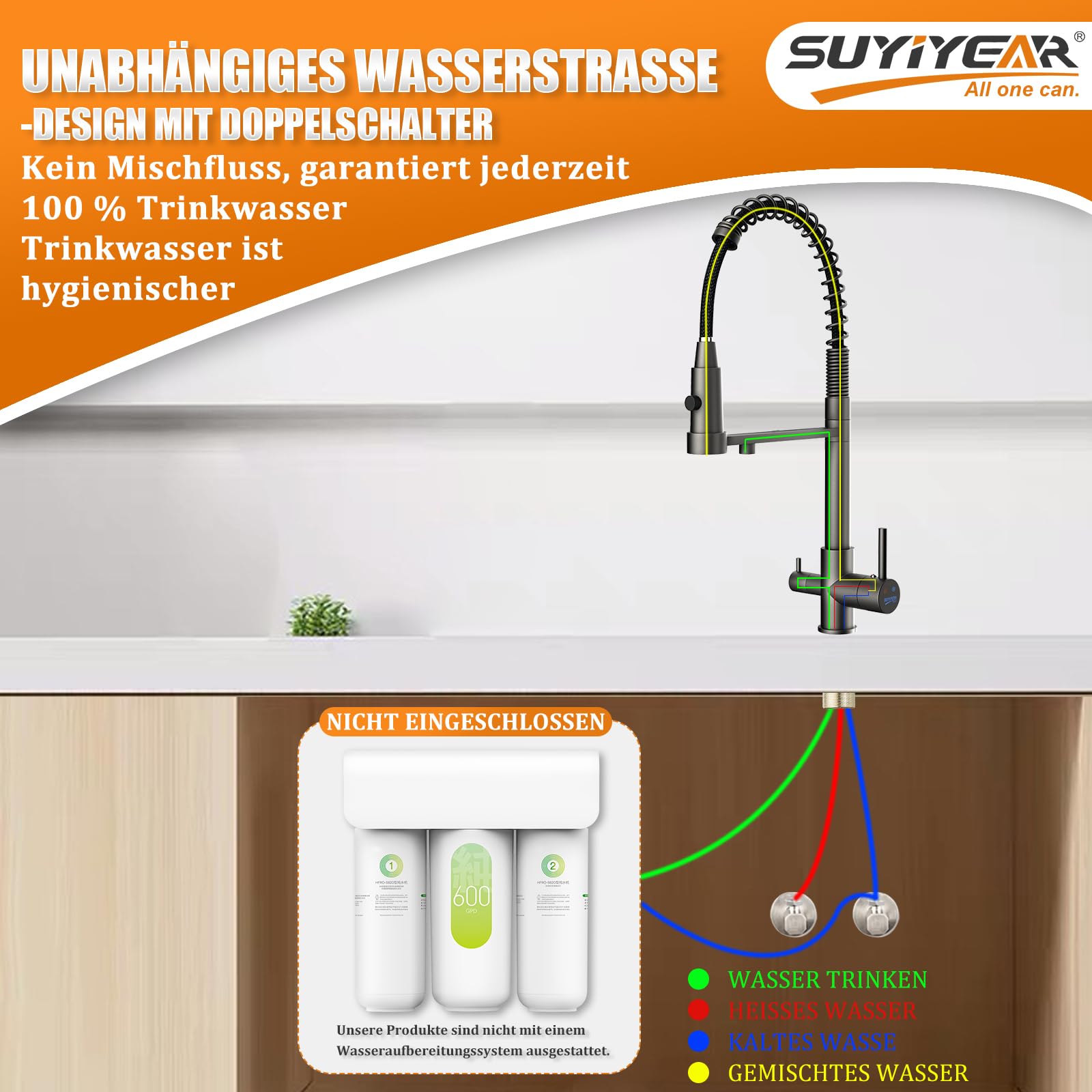 SUYIYEAR Kraan keuken, 3-weg keukenkraan met sproeier uittrekbaar, keukenkraan 360° draaibaar, wastafelarmatuur keuken, roestvrij staal, 3-in-1 hogedrukarmatuur, mengkraan voor waterfilter, chroom