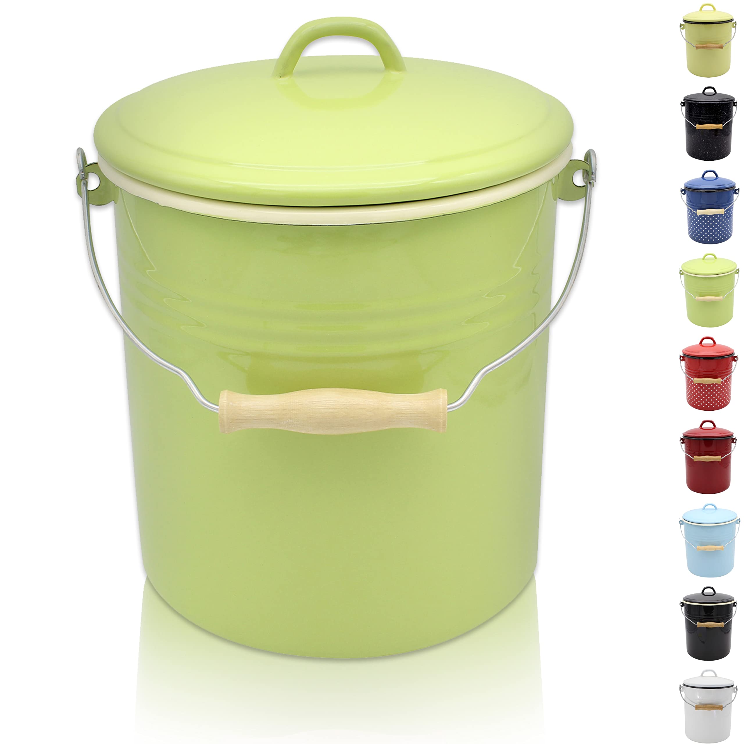 KRÜGER Rubbish Bin with Lid, Steel Waste Bin with Enamel Coating and Wooden Handle, Cut and Scratch Resistant Surface, Durable and Versatile (10 Litres, Juist)
