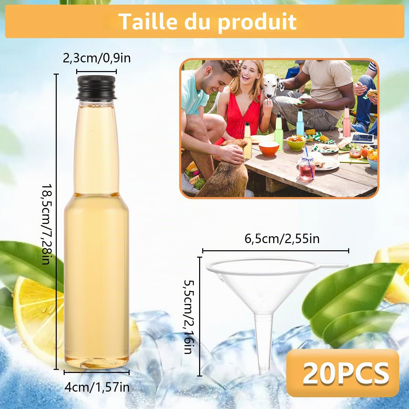 Lot de 20 petites bouteilles à remplir, 150 ml, avec bouchon à vis, en plastique, bouteilles d'alcool, à remplir, pour mariage, fête