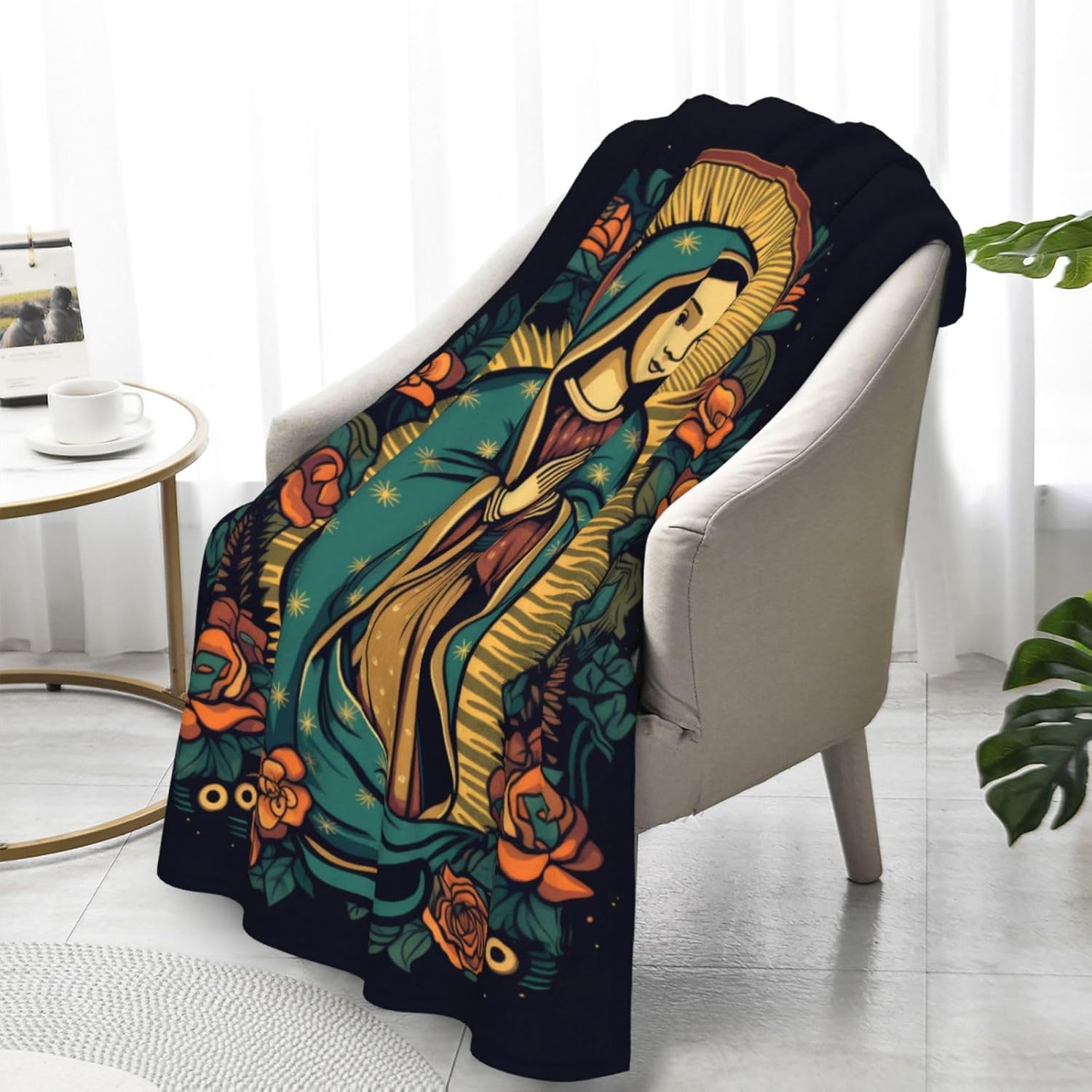 Virgin Mary Flannel Throw Blanket, 50" x 40", Our Lady of Guadalupe Themed Black Throw for Home, Bed, Couch, Sofa, Fiesta-De-Ia-Virgen Catholic Gifts - Image 7