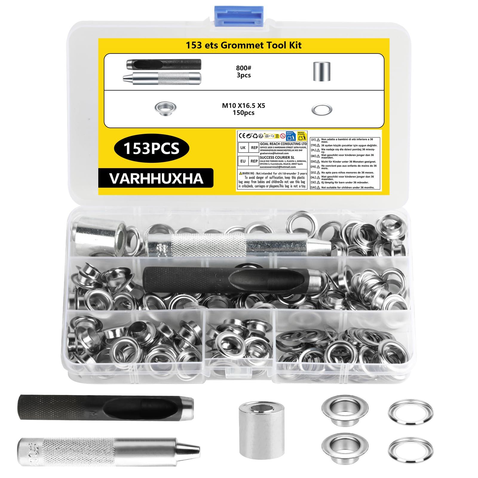 153 Set Grommet Tool Kit, Professional Eyelet Punch Kit 10mm, Grommets Eyelets Punch Kit