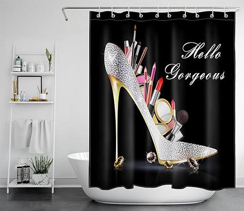 Miniatura 3 de EOBTAIN Cortina de ducha de tacón alto con diamantes de maquillaje Hello Gorgeous Lipstick Bling Fashion Shoes Sexy Girls Fancy Beautiful Lady