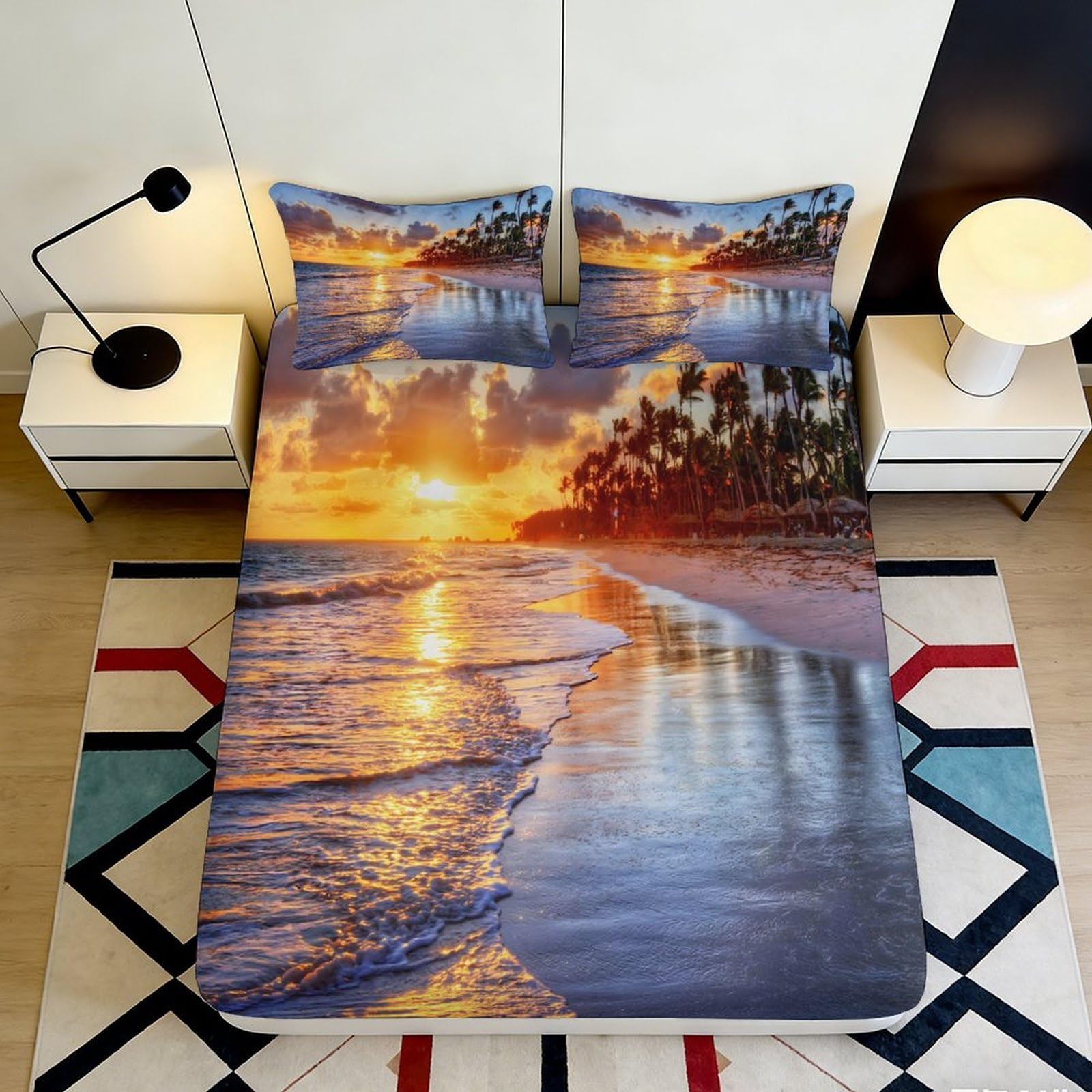 3D Printed Sunset Beach Fitted Sheet Microfiber Soft Decorative Palm Coast Mattress Cover for Bedroom Guest Room 90x200x25cm