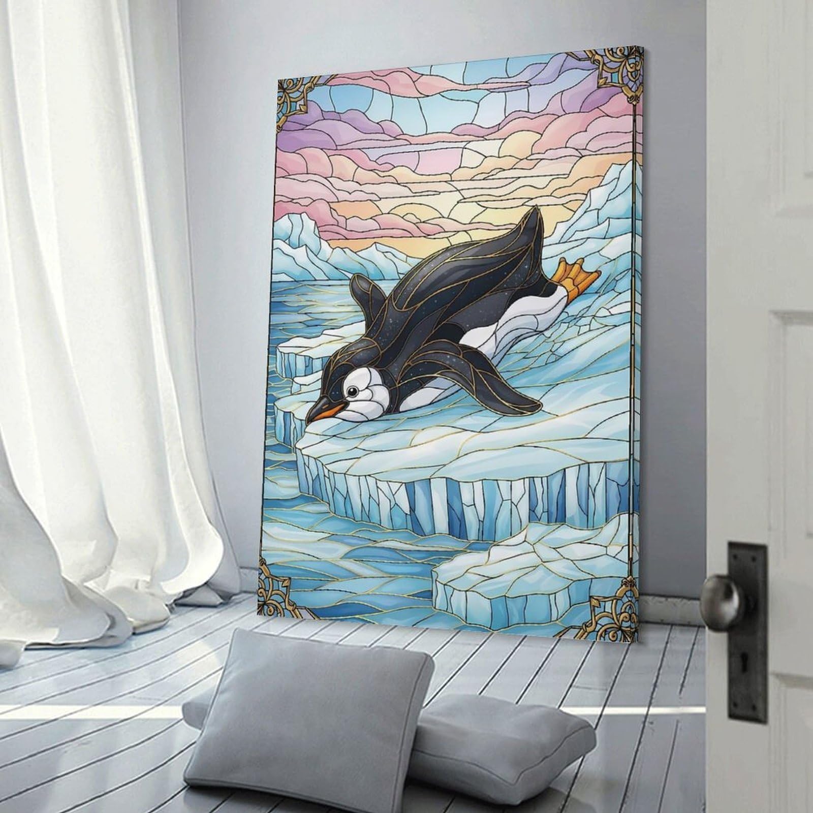 Junmoney Stained Glass Penguin on Ice Canvas Wall Decor, 20x30inch(50x75cm), for Apartment Walls, Studios Or Work Areas, Decorative Canvas Decor for Home Updates