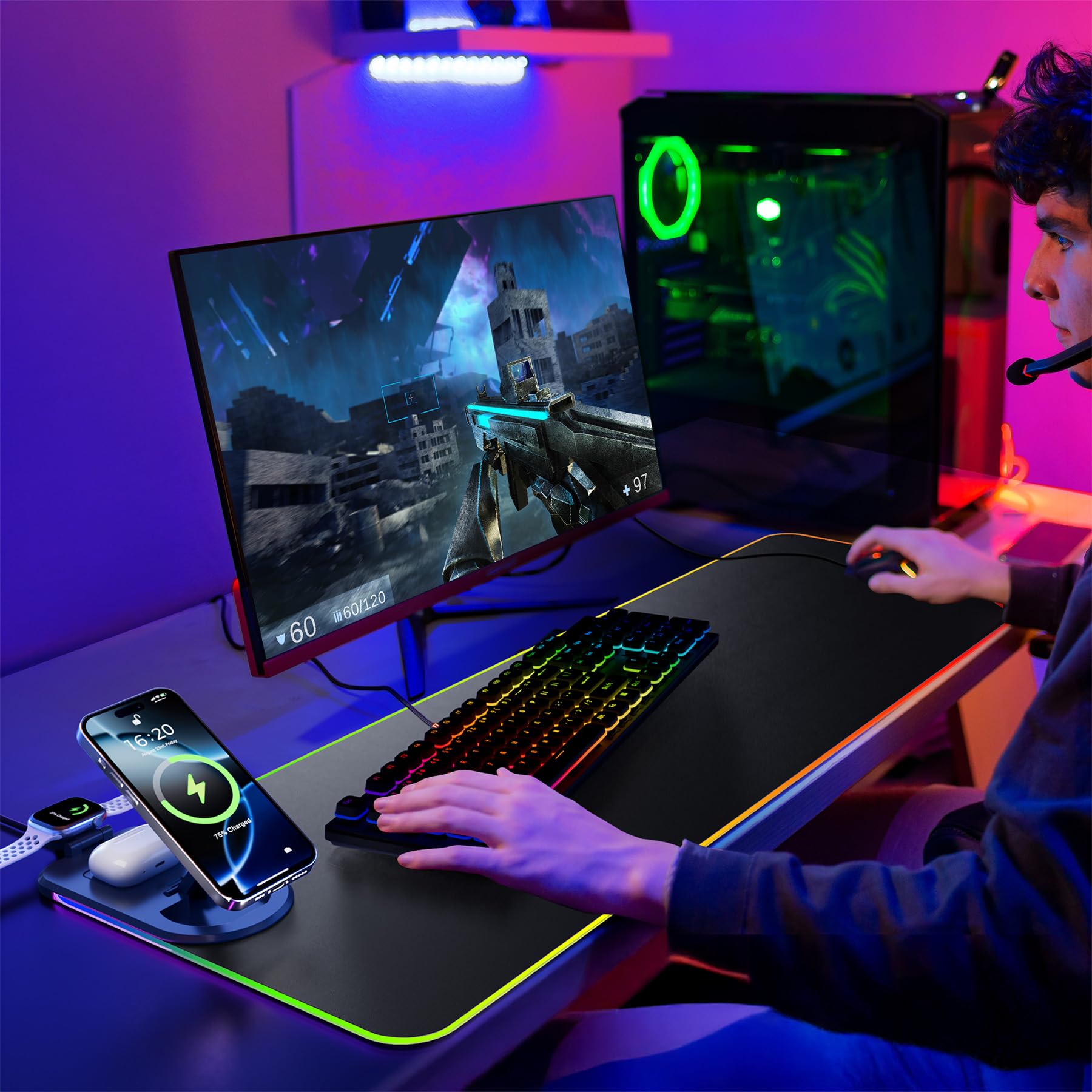 HAUTOCO Tappetino per mouse con ricarica wireless, 15 W, RGB, tappetino per mouse da gioco, impermeabile, con supporto per telefono, 89 x 30 cm, extra large, base antiscivolo, tappetino per tastiera