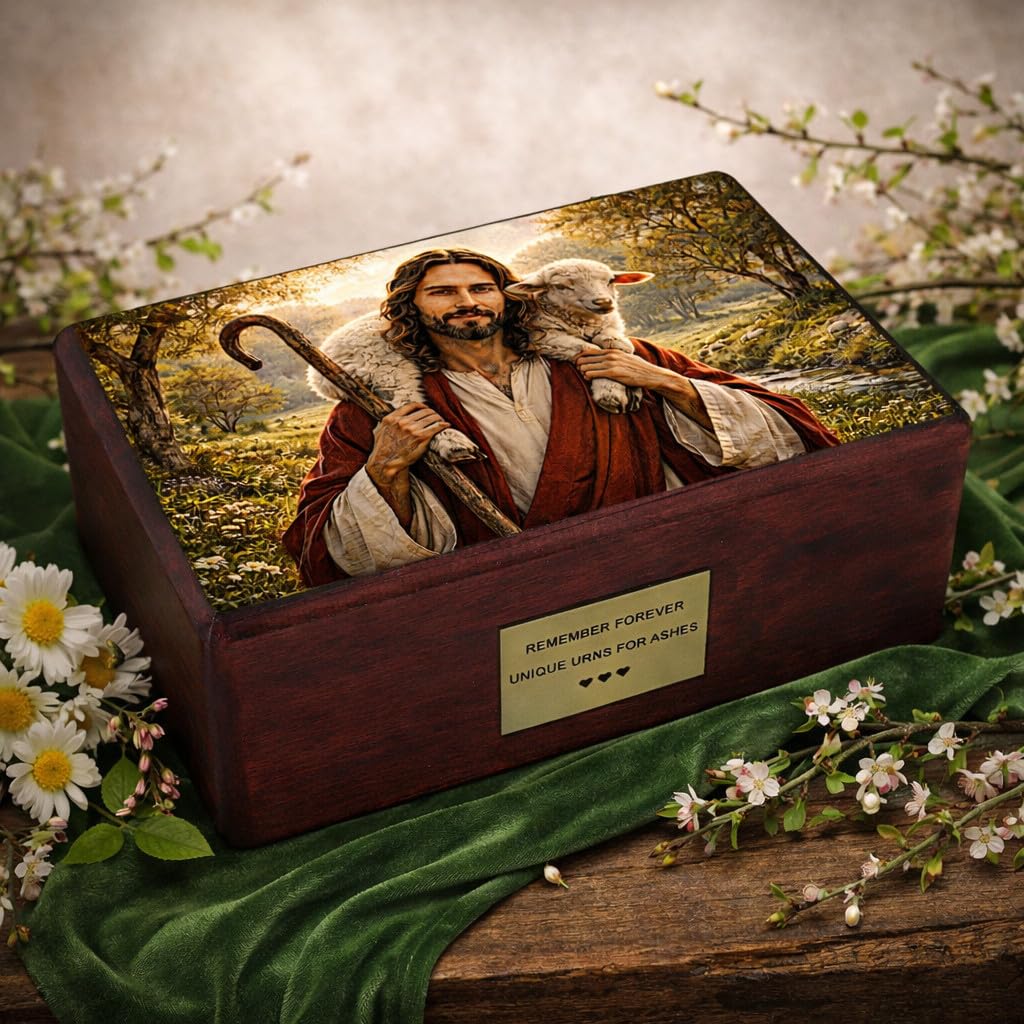 Catholic Cremation Urn Jesus the Good Shepherd – Wooden Adult Urn for Ashes
