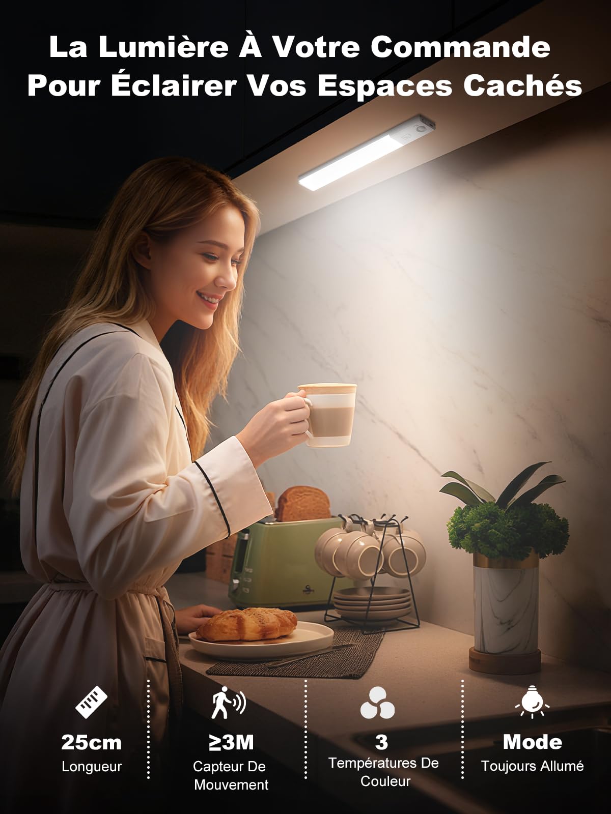 Smiling Shark Lampe de Placard, HM-01 Lampe LED d'armoire Sans Fil 1200mAh 3 Températures de Couleur & Mouvement Detecteur Lumière Barre Éclairage Intérieur Magnétique Pour Armoire Cuisine (3 Pack)