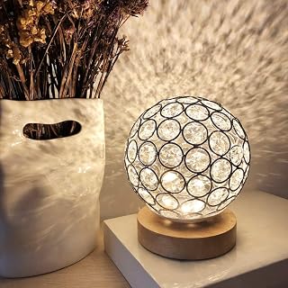 MUCHER Crystal USB Table Lamp Silver Crystal Ball with Wooden Base Bedside Table Lamp Dimmable Modern Night Light for Bedroom, Living Room, Office, Best Gifts for Men Women Teens Kids Children