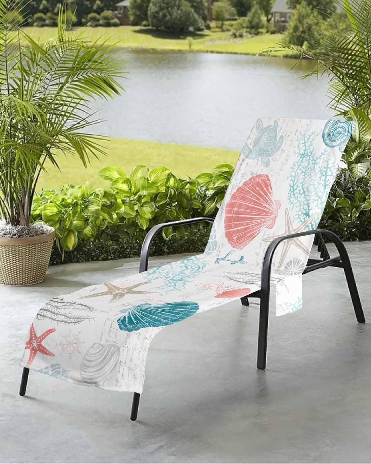 Coastal Coral Red Beach Chair Towel Covers for Chaise Lounge with Side Pocket, Soft Plush Pool Towels Cover for Patio Sunbathing Outdoor Nautical Ocean Turtle Teal Starfish Conch 29''x85''