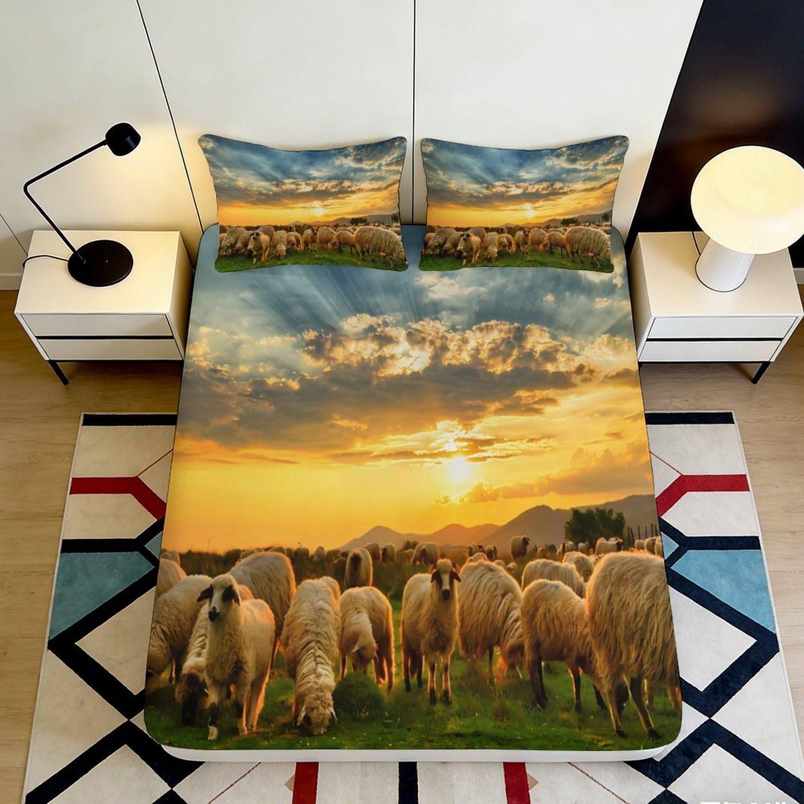 3D Printed Sunset Pastoral Fitted Sheet Microfiber Soft Sheep Landscape Bed Sheet Bedroom Decor Mattress Cover 90x200x25cm