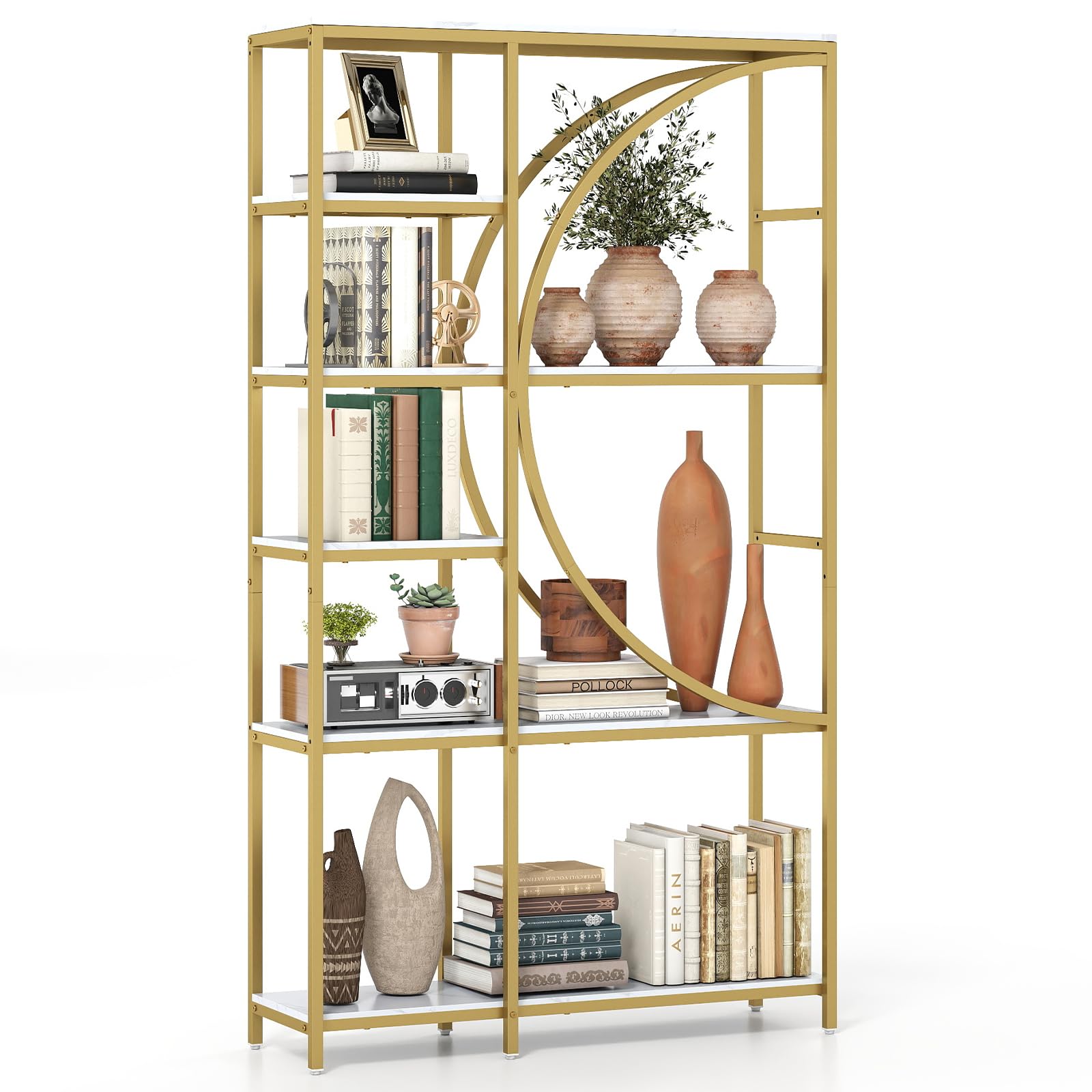 COSTWAY 5/6-Tier Bookshelf, Industrial Etagere Bookcase with Arc-Shaped Design and Open Shelves, Freestanding Metal Frame Tall Display Shelf Storage Organizer (White, 100 x 30 x 177 cm)