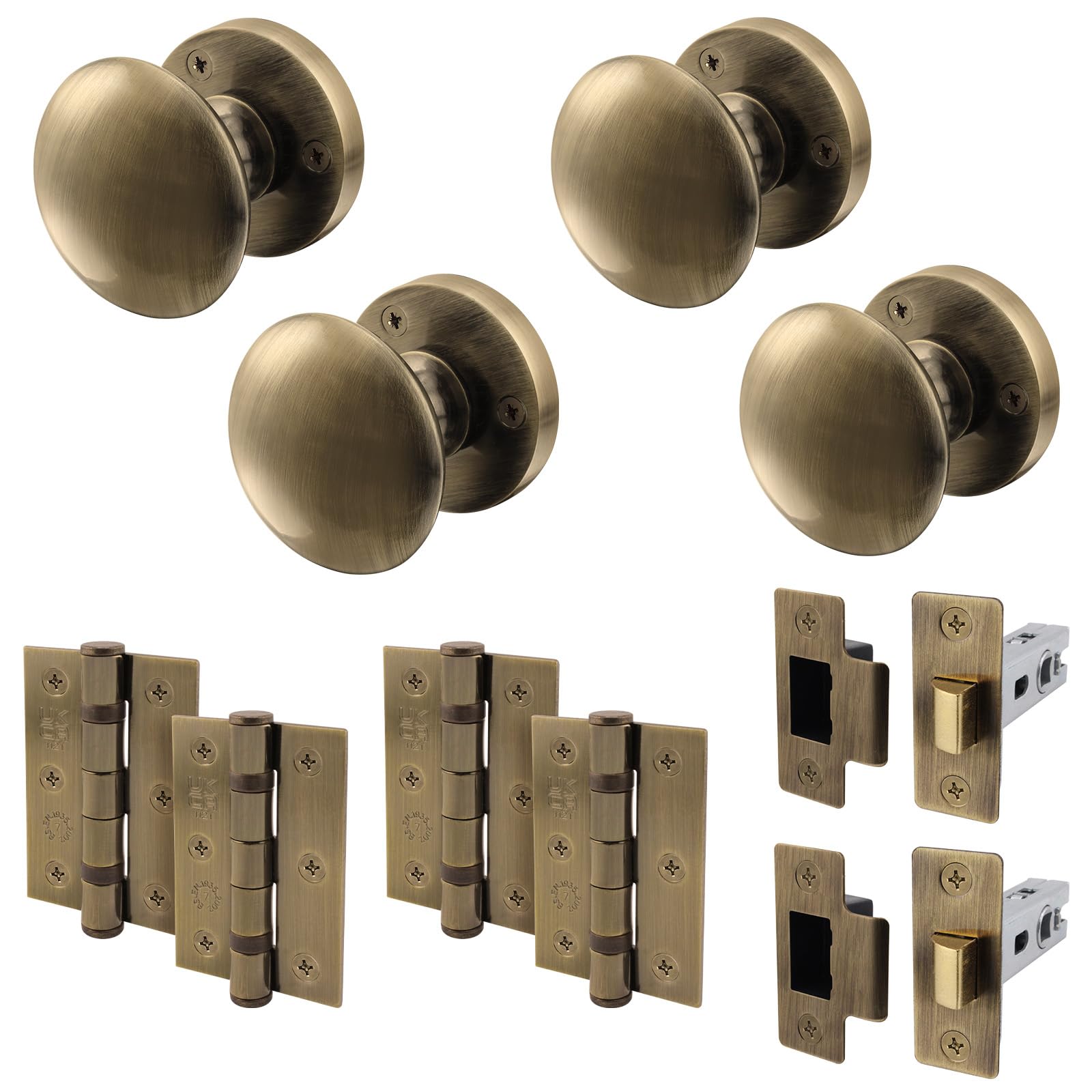 EAI Antique Brass Door Knobs with Latch 76mm and Hinges, 2 Pack - Victorian
