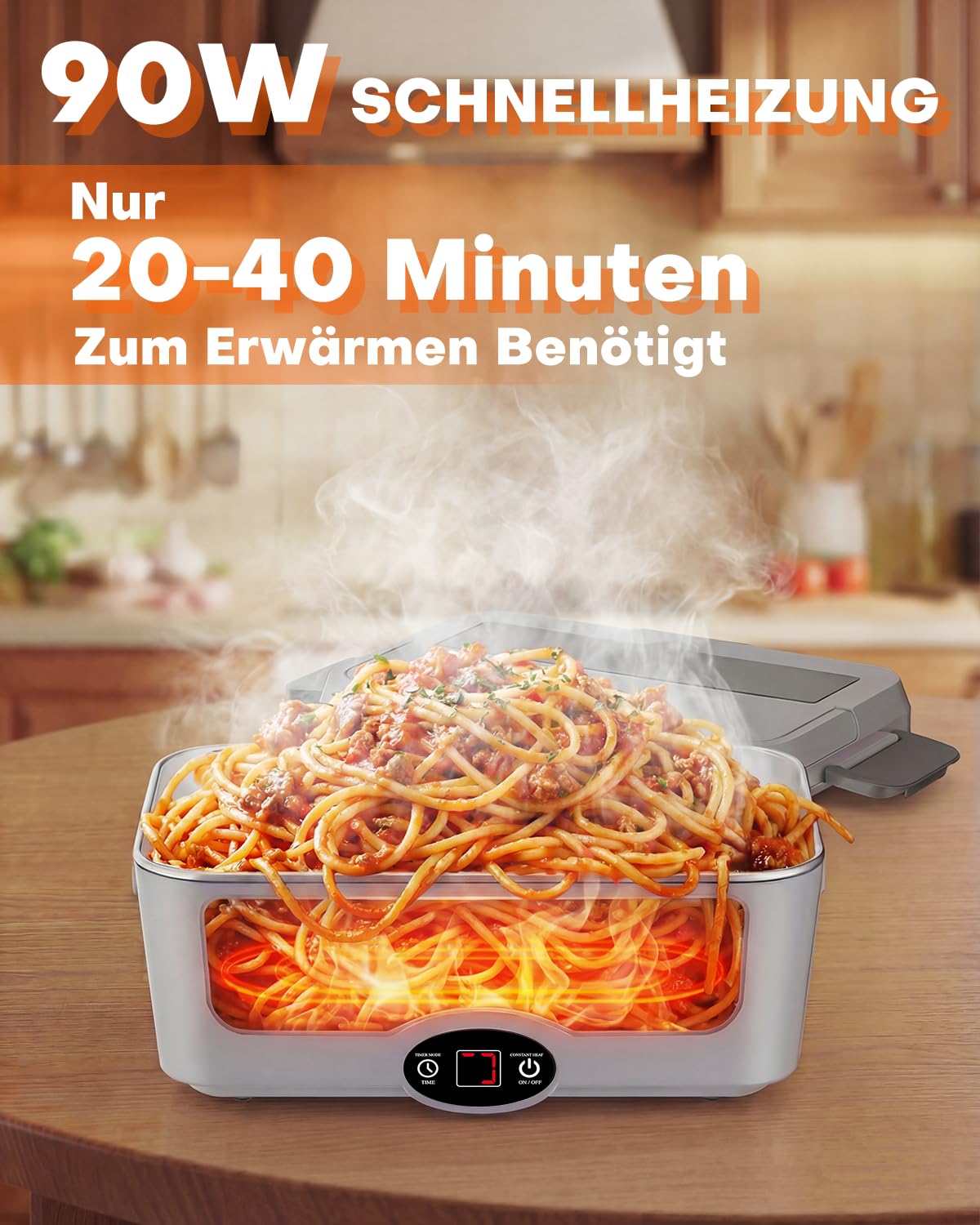 Elektrische Lunchbox 90W mit Timer, 1.8L Beheizbarer Thermo-Essensbehälter für Auto 12V/24V & Büro 110V/220V, Automatisches Ausschalten, Portable Heatbox für Essen unterwegs, Lunchbox Elektrisch