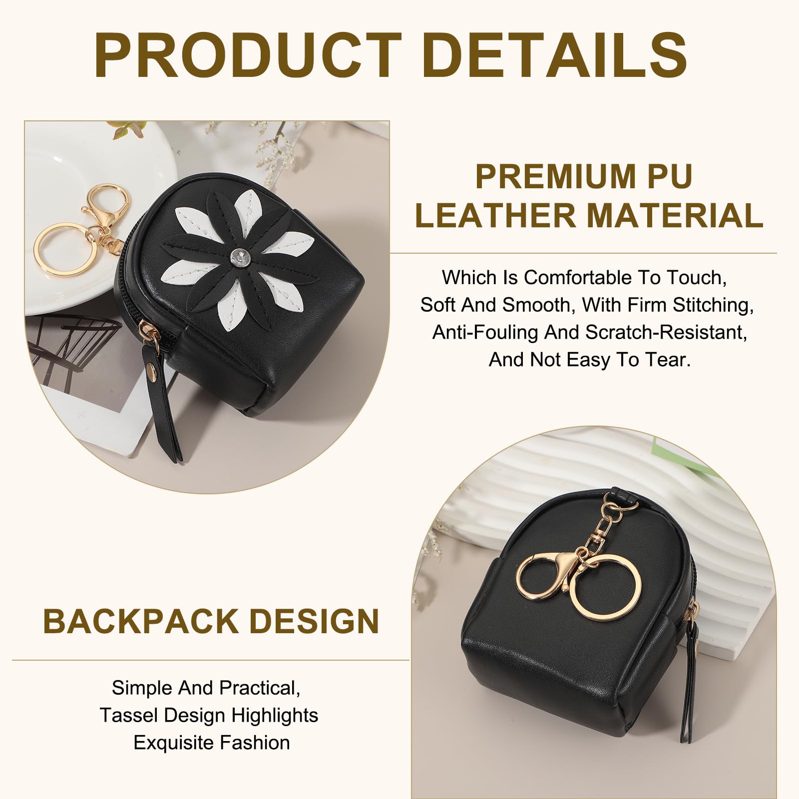PATIKIL Mini Porte-Clés Sac À Dos pour Women, Créatif Mignon Pendentif Fleur Strass Sac PU Cuir Porte-Clés pour Makeup Clé Carte Organisateur Poche À Fermeture Éclair, Black