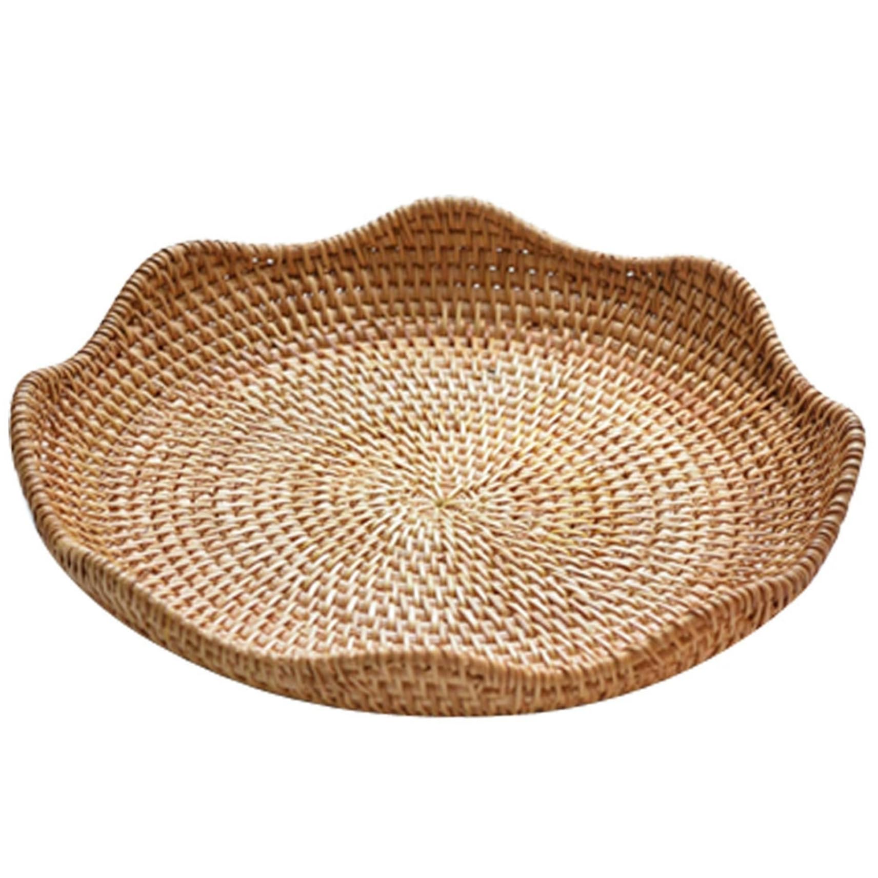 Scalloped Tray Rattan Tray 9.84x1.57 Inch Decorative Natrual Woven Round Serving Platters Container for Table Centerpiece Kitchen Counter