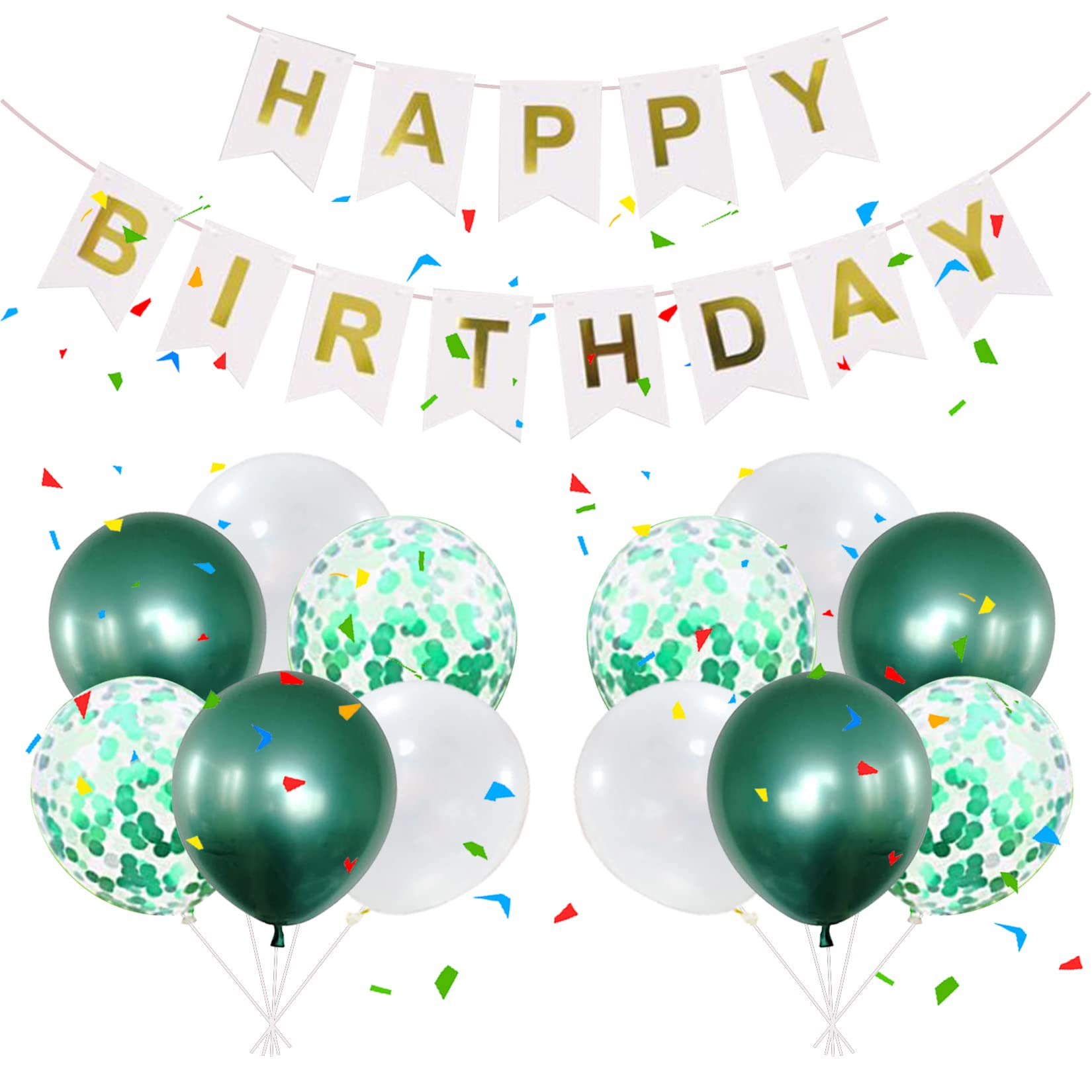 Birthday Decoration Set Happy Birthday Bunting Banner Balloons, Green White Ballon Party Decorations- Happy Birthday Banner, 8 Green White Balloons, 4 Confetti Latex Balloons and 2 Ribbons (Green)