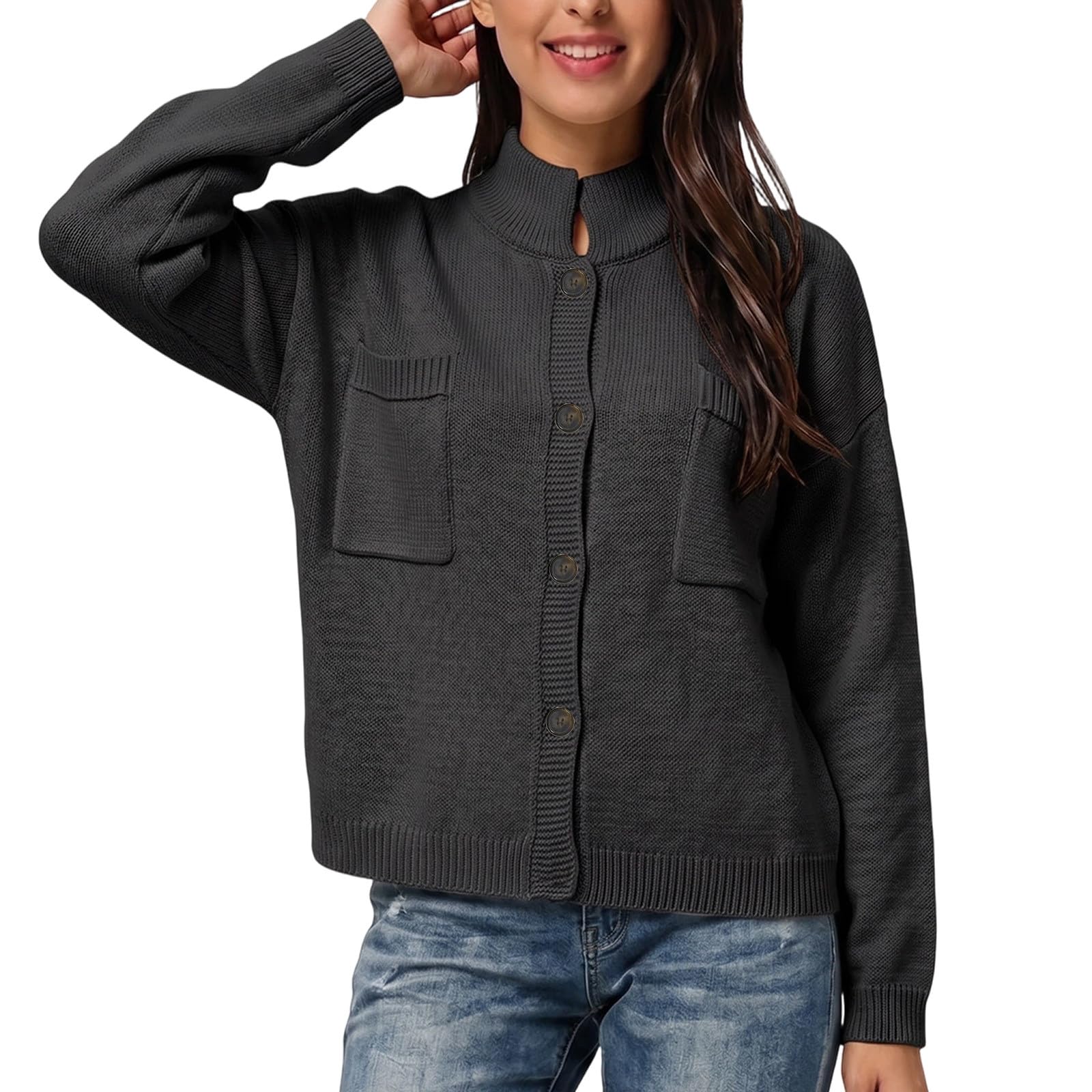 Strickjacke Damen Kurz Cardigan Leichte Jäckchen Damenstrickjacke Dünne Langarm Knopfleiste Open Front Sweater Warme Herbst Winter Tops Elegant Casual Weich Pullover Mit Knöpfen