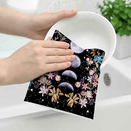 Miniatura 3 de Witchy - Juego de 2 paños de cocina negros estilo botánico con diseño floral de Luna Fases Luna, decoración de flores góticas, bohemias, regalos de