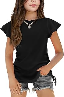 Arshiner Girls' T-Shirt Ruffle Sleeves Children's T-Shirt Crew Neck Top Casual Top Children's Clothing with Drawstring 5-12 Years