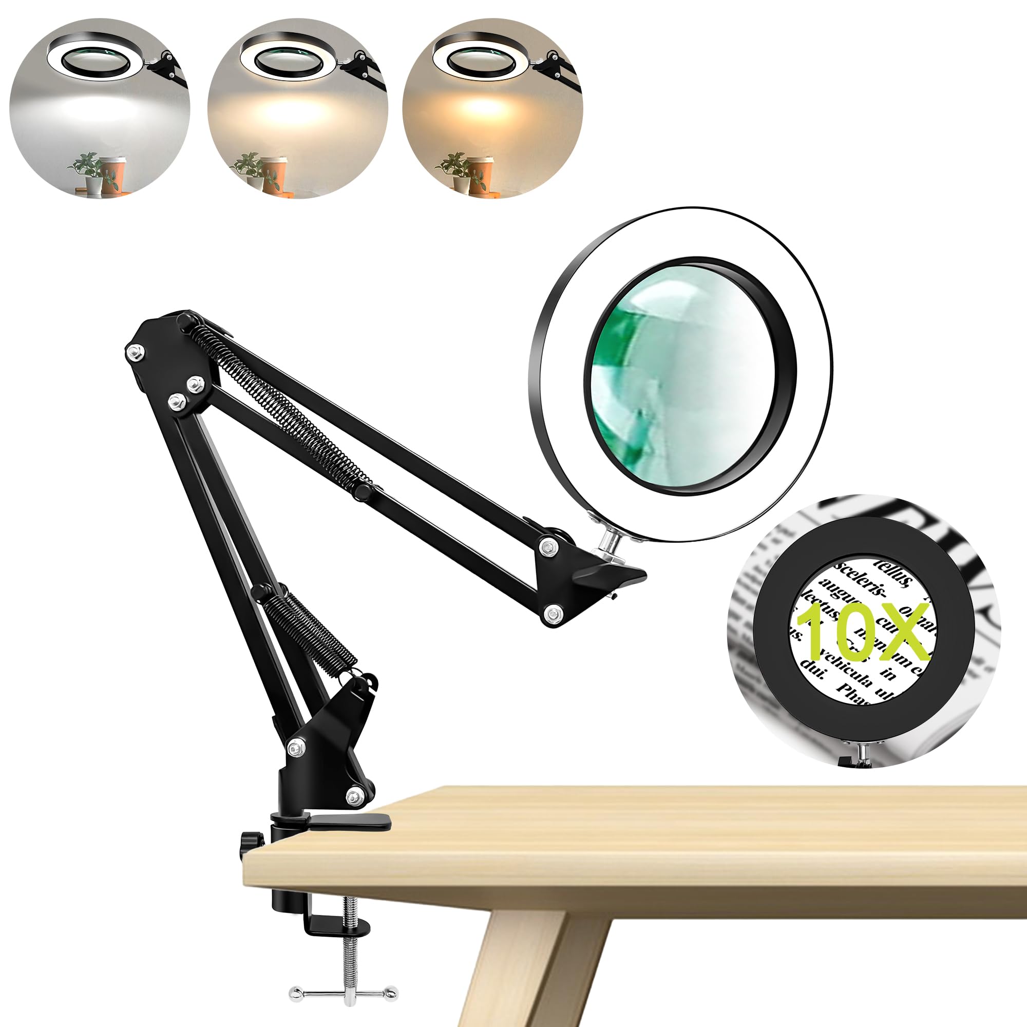 Lupe mit Licht und Klemme, 10x Lupenleuchte mit 3 Farbmod Dimmbare, FreihäNdige Lupenlampe LED für Naharbeiten, Hobbys, Basteln und Lesen, Schwarz