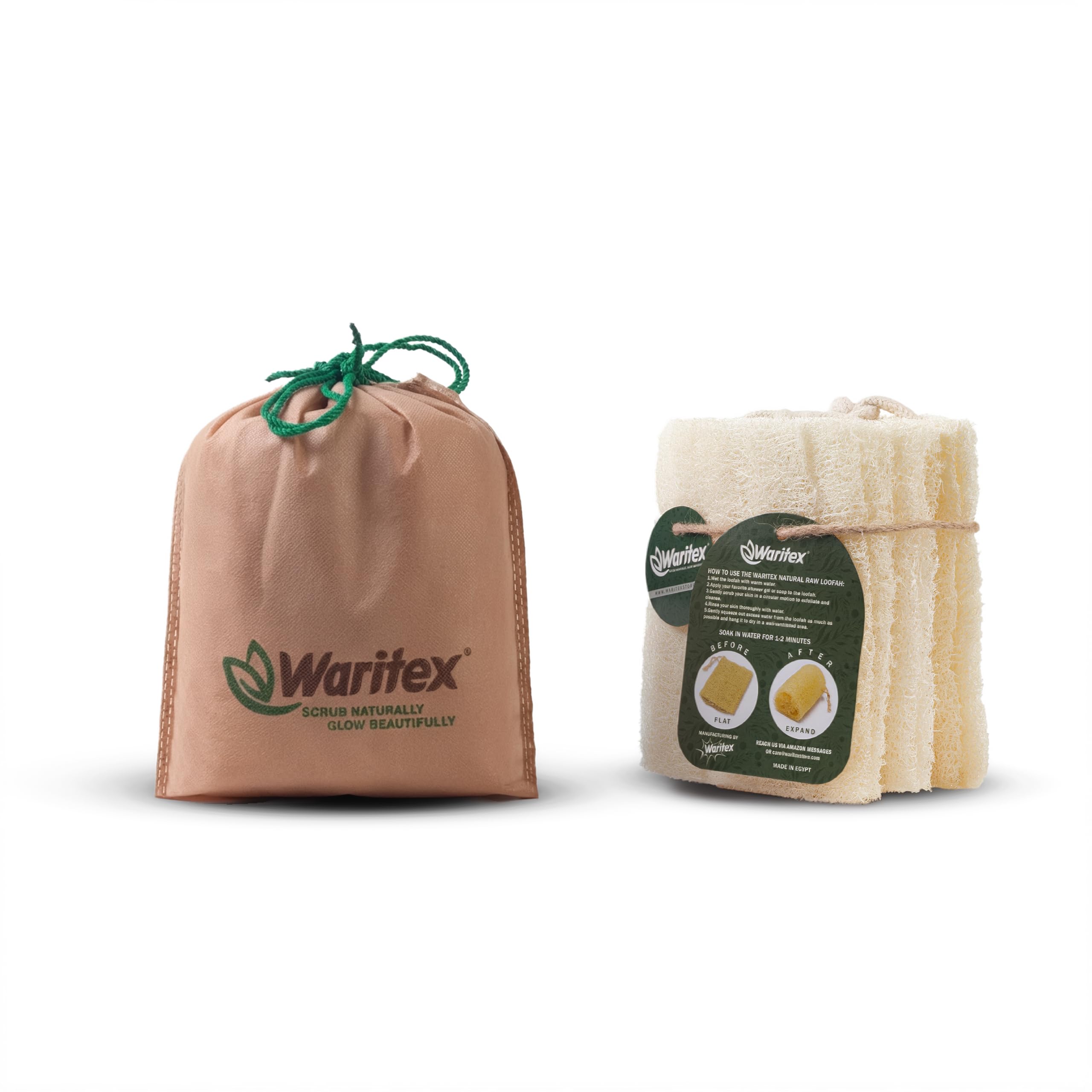 Waritex Premium Natural Egyptian Loofah Sponges, Made from 100% Natural Organic Material, Gentle Skin Exfoliation, and Full-Body Spa Experience –