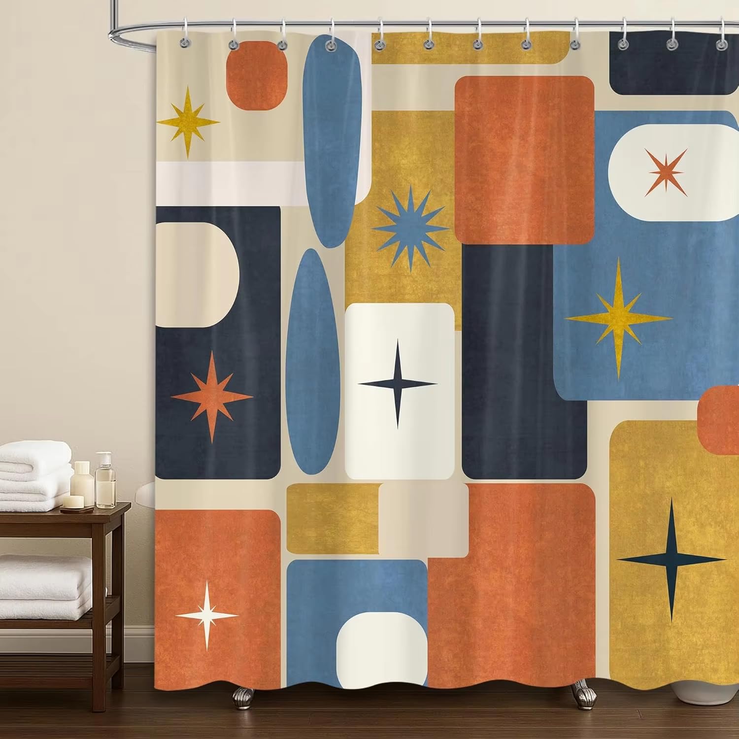 Duschvorhang 240x200 mit Geometrischem Sternenmuster im Mid-Century-Modern-Stil,Abstrakter Retro-Badezimmervorhang mit Haken,Ästhetischer,Wasserdichter Badewannenvorhang aus Polyestergewebe,Farbenfr