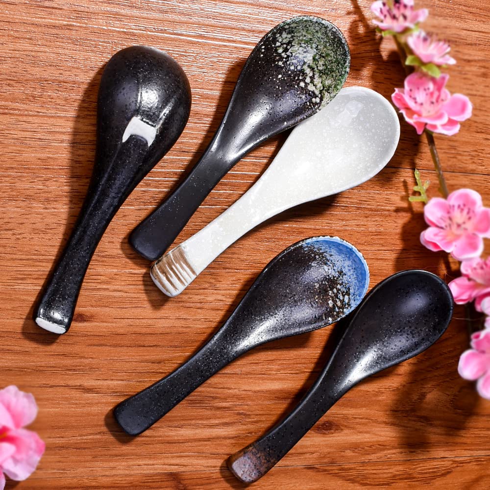 Set Di 5 Cucchiai In Ceramica | Stile Asiatico Per Ramen, Zuppa, Wonton | Design Retrò, Microonde E Lavastoviglie Safe - Foto 5
