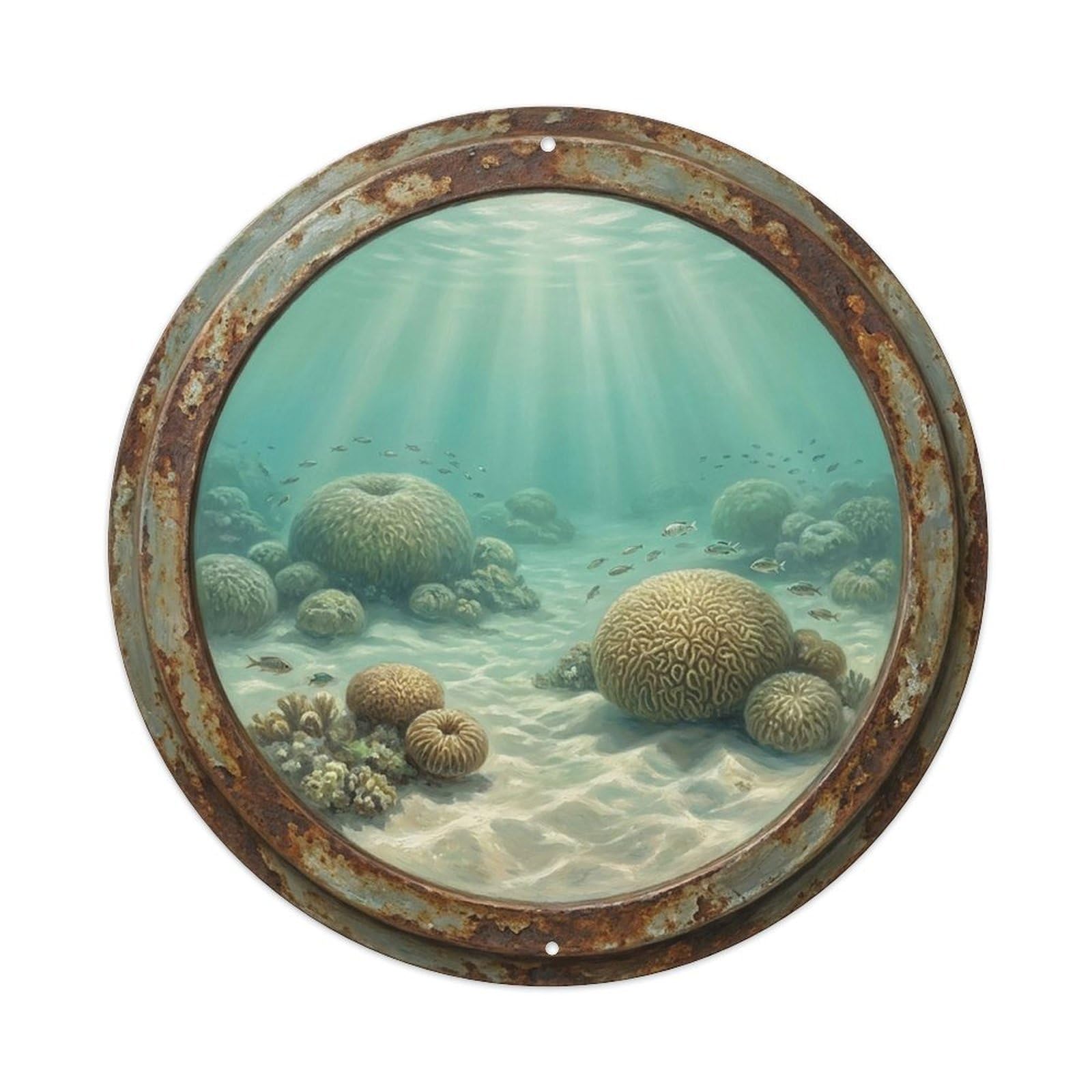 Vintage Porthole Mushroom Coral Round Ship Window Under Deep Metal Tin Sign