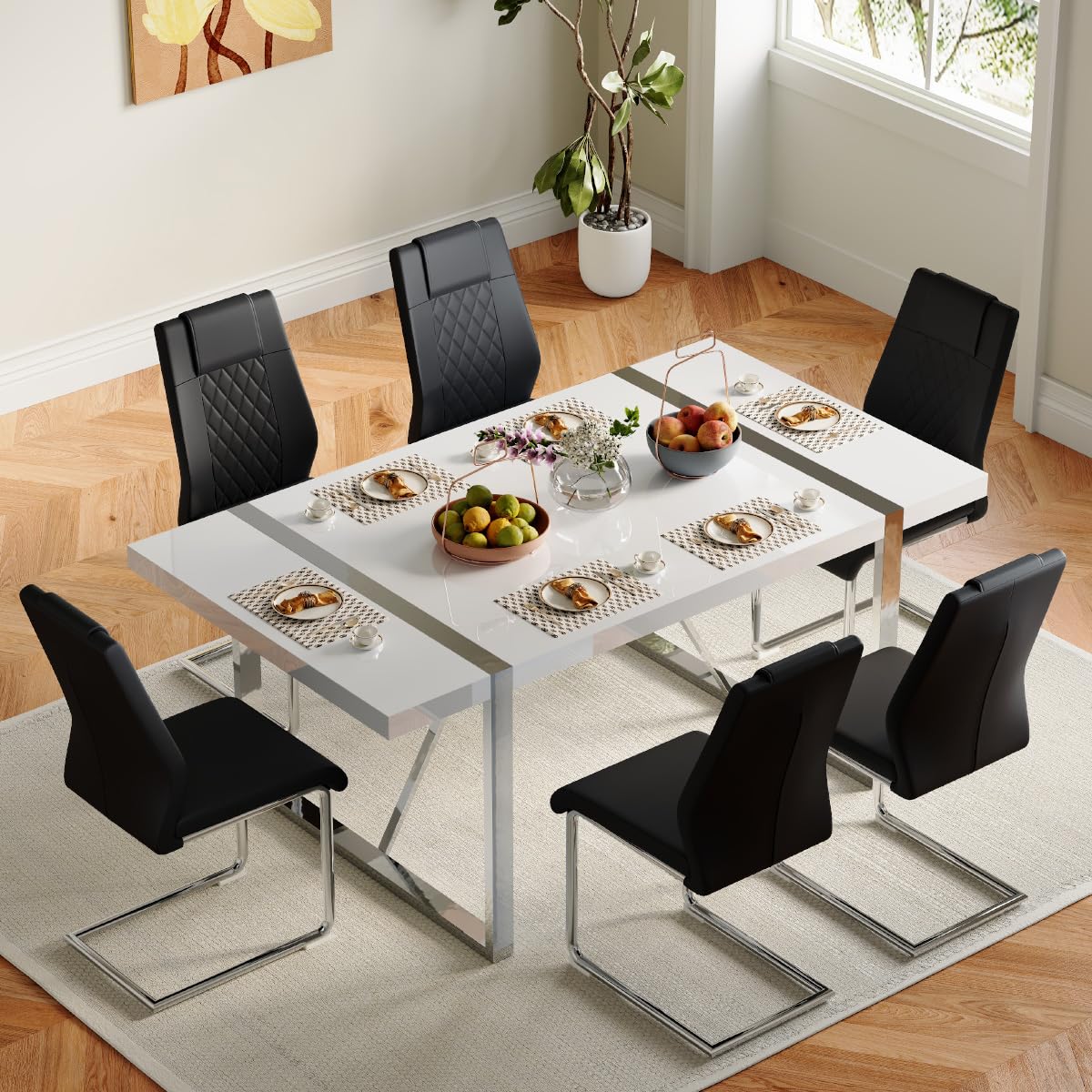gopop Dining Table Set for 6, Modern Kitchen Table Chairs Set, 71" White High-Gloss Lacquered Tabletop & Electroplated Metal Frame, 6 Chairs for