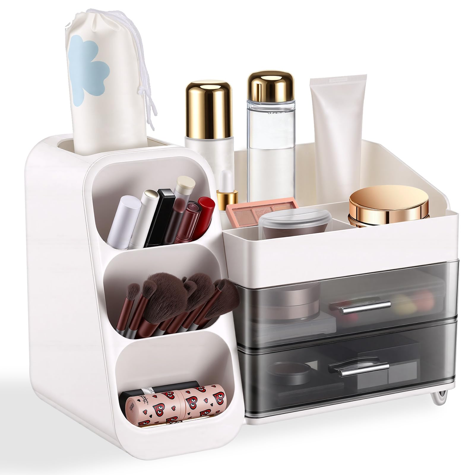 Organizer na kosmetyki z szufladami, Duża Pojemność Organizer na toaletkę Make Up, Gruby Stabilny Organizer na kosmetyki, Pojemnik na kosmetyki do łazienki, sypialni, garderoby (Biały)