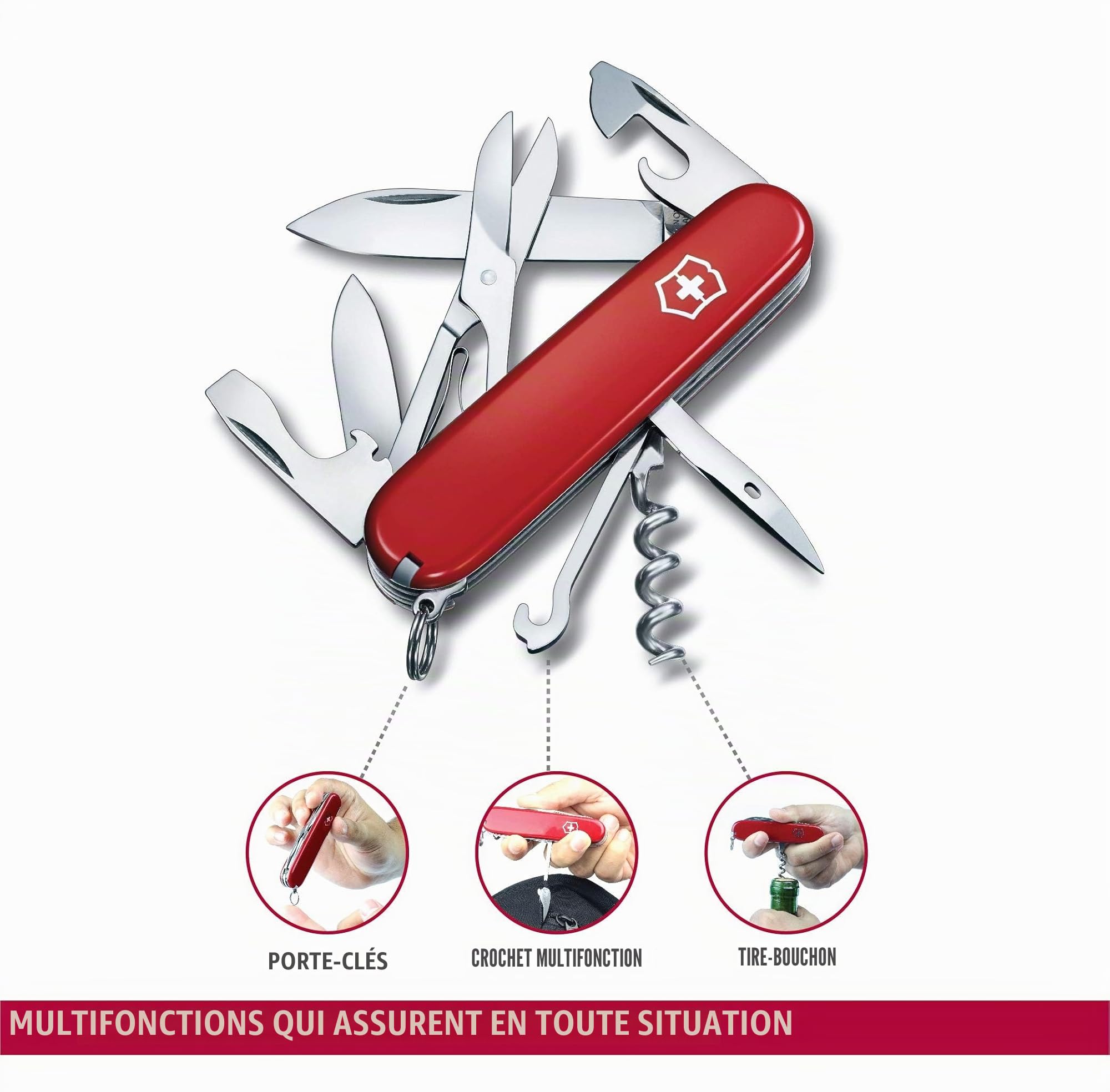 VICTORINOX Couteau Suisse Climber, 14 Fonctions, Swiss Made, Outil Multifonction, y c. Ciseaux, Lame, Ouvre-Boîtes, Tire-Bouchon, Tournevis, Rouge