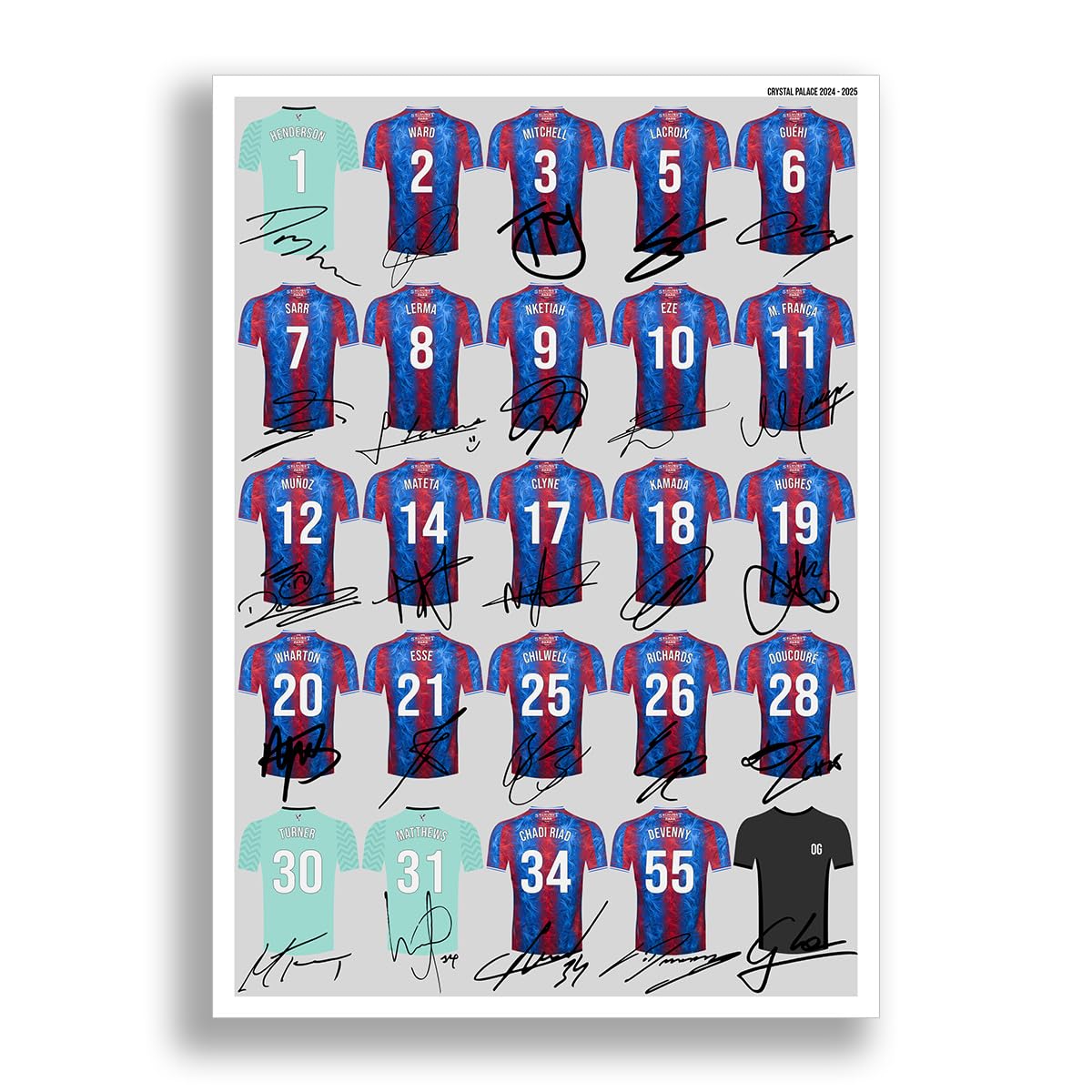 Mounted Gifts Trading Crystal Palace Squad 2024-2025 Signed Poster Print Framed Picture Photo Autograph Gift 24/25 Eberechi Eze Jean-Philippe Mateta (A4 poster only)