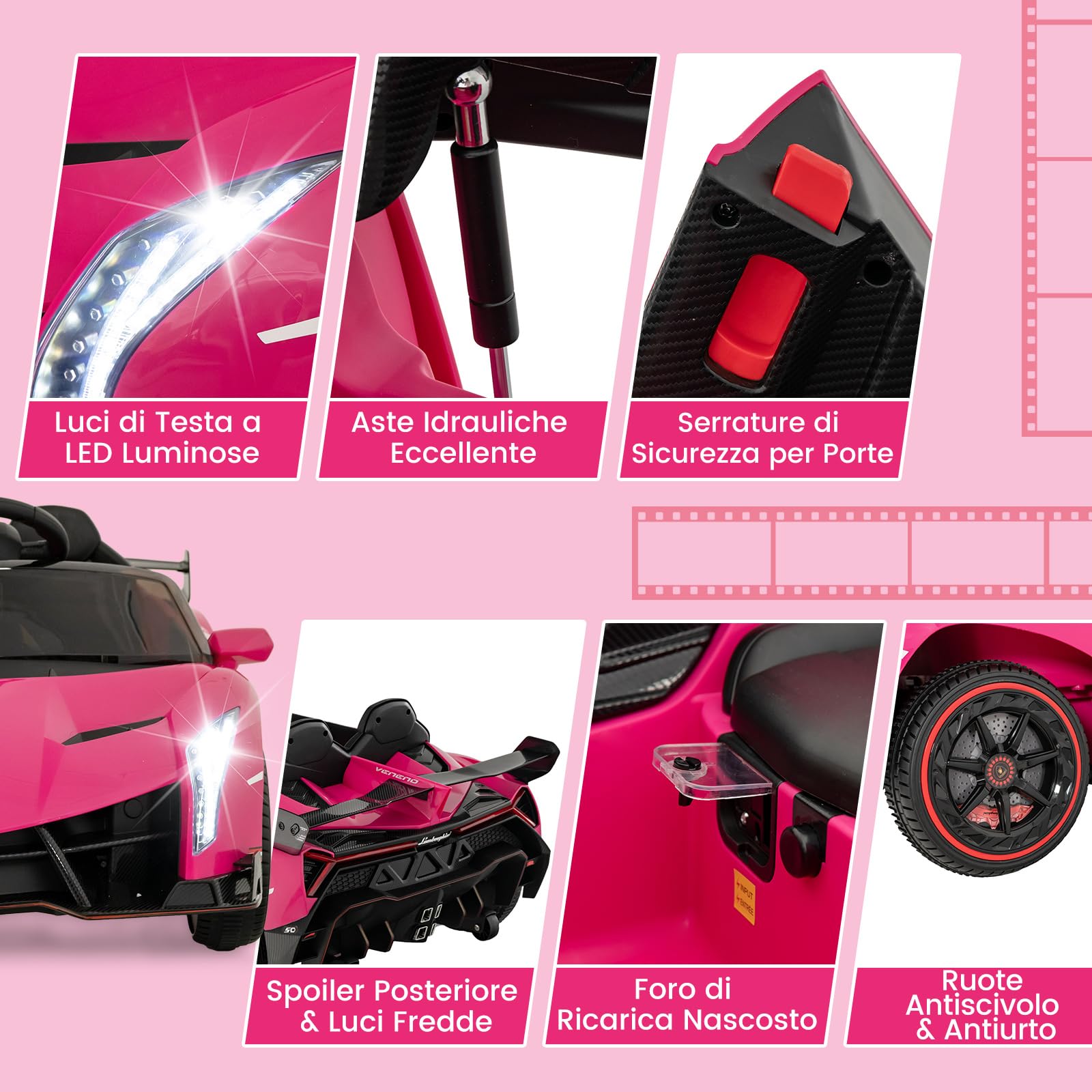 COSTWAY Lamborghini Macchina Elettrica per Bambini, Auto Elettrica Cavalcabile con Telecomando Luci LED, 3 Velocità, 3-6 km/h, per Bambini 3-8 Anni (Rosa)