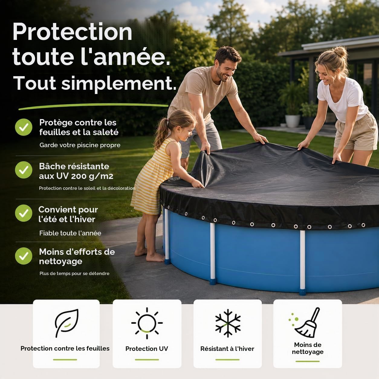 Bâche de piscine ronde - Extra forte 200 g/m² - Bâche solaire résistante aux UV pour été et hiver - Bâche de piscine robuste en noir (366-400 cm (Ø 460 cm)
