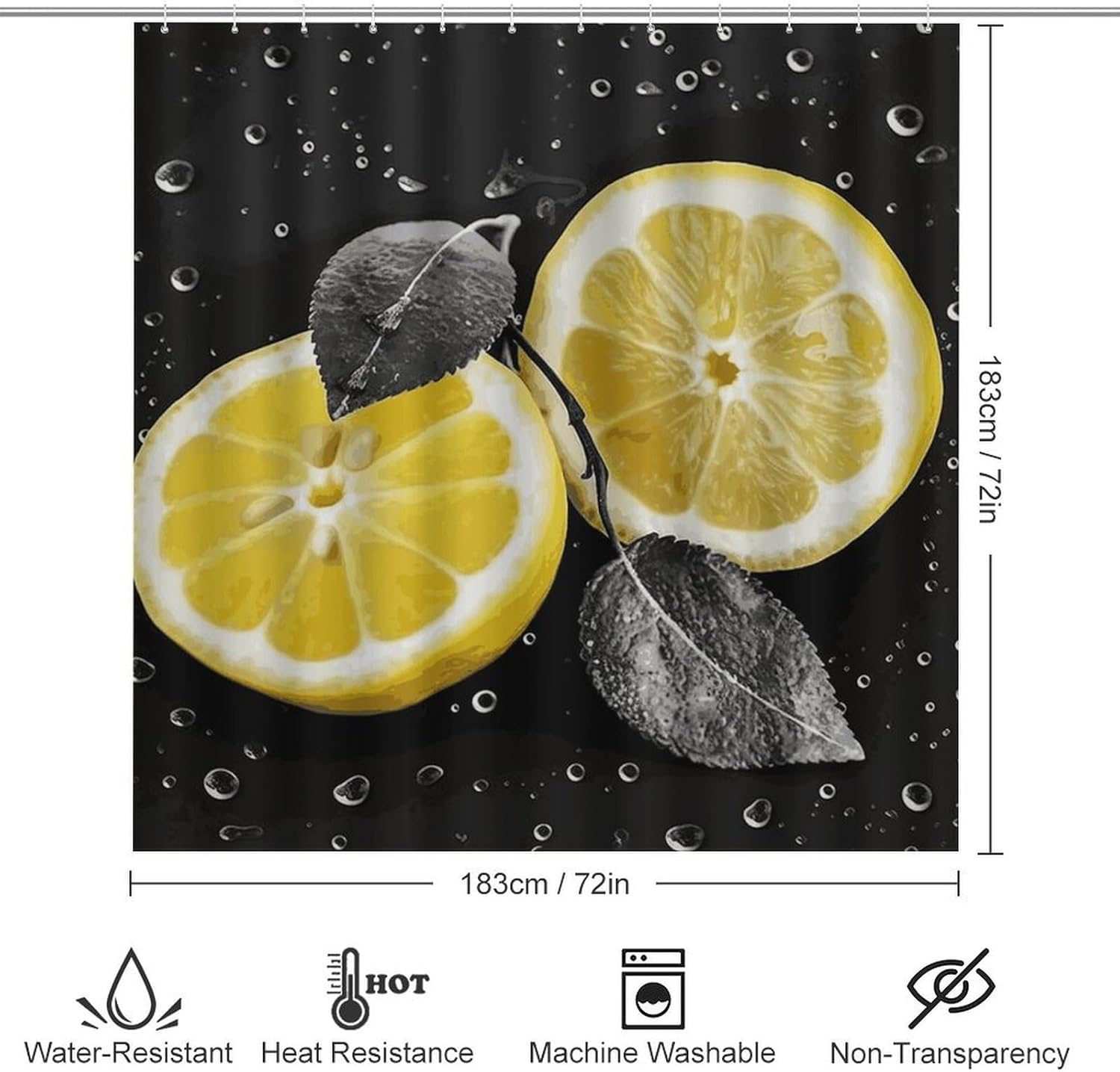 Lemon with on Black and White Shower Curtain Set 4 Piece, Non-Slip Bath Mat with Toilet Lid Cover and Waterproof Shower Curtain with 12 Hooks, Complete Bathroom Set for Home Decor